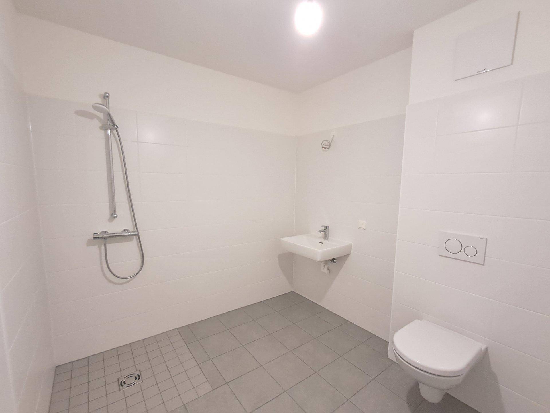 Helles Badezimmer mit Dusche, Wand-WC und modernem Waschbecken.