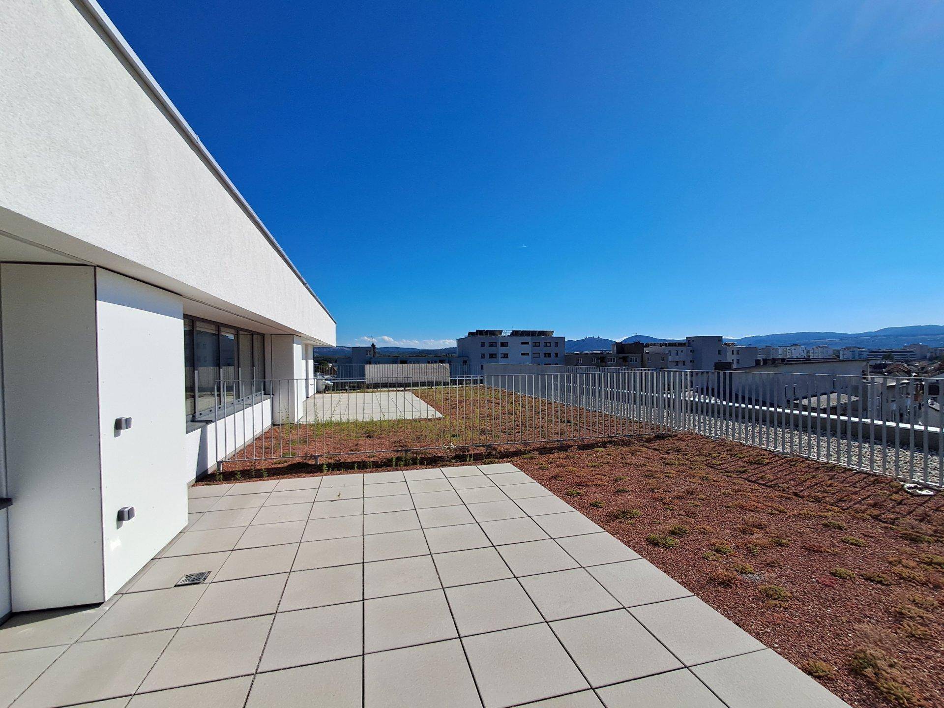 Weitläufige Dachterrasse mit moderner Gestaltung und Blick auf die Umgebung.