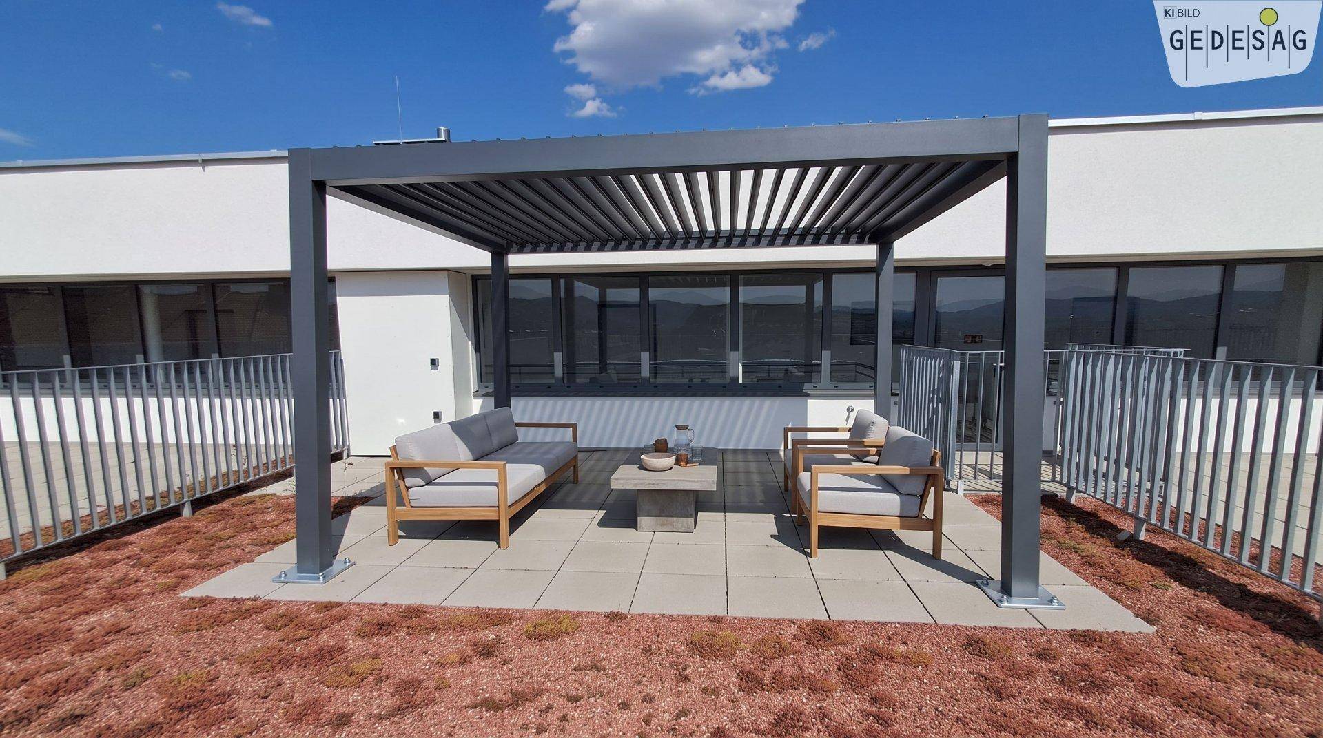 Moderne Dachterrasse mit Pergola und bequemen Outdoor-Möbeln, ideal zum Entspannen im Freien.