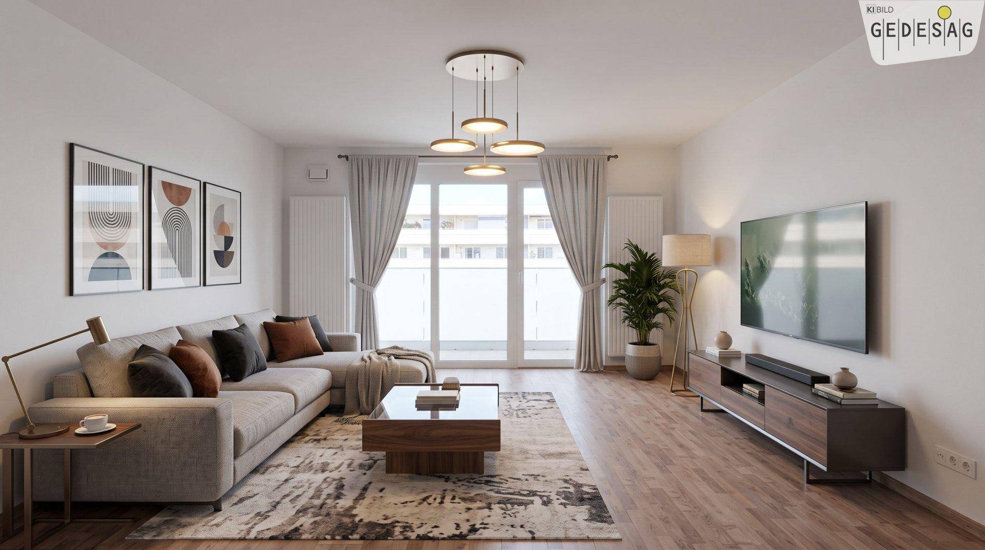 Gemütliches Wohnzimmer mit modernem Dekor, Laminatboden und Zugang zum Balkon.
