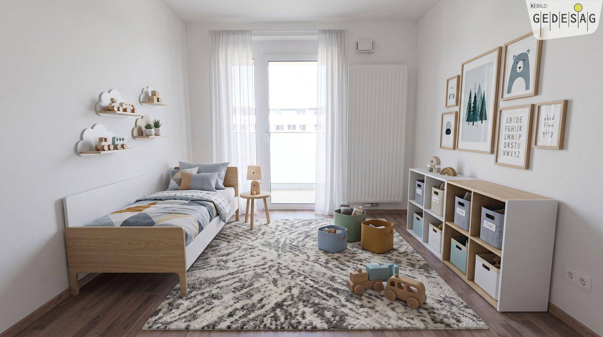 Freundliches Kinderzimmer mit hellem Holzbett, Teppich und Zugang zum Balkon.