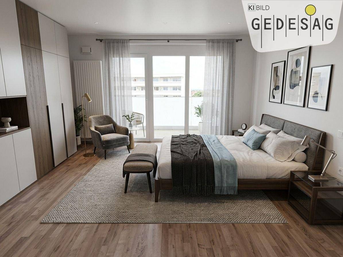 Elegantes Schlafzimmer mit Doppelbett, Einbauschränken und Zugang zu einem Balkon.