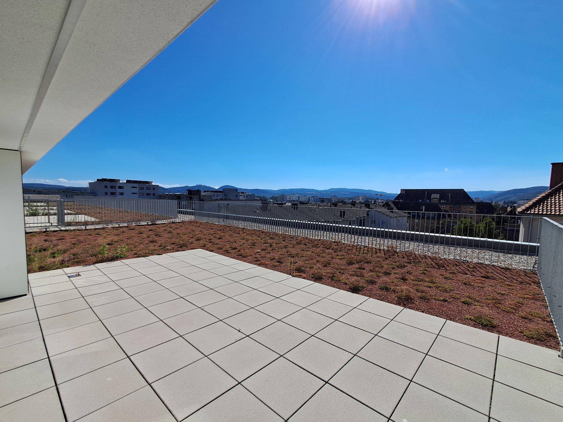 Weitläufige Dachterrasse mit Stadtblick und extensiver Begrünung unter blauem Himmel.