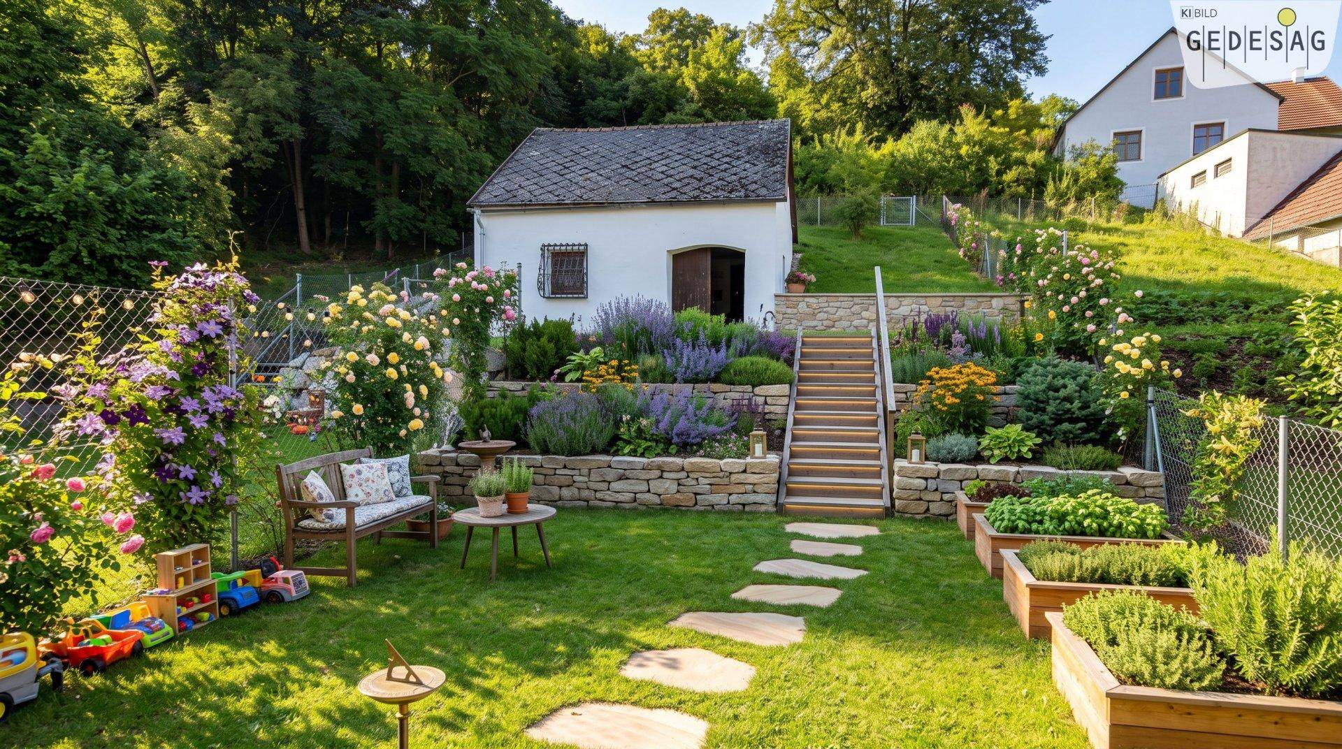 Gepflegter Garten mit Steinmauern, Blumenbeeten, einer Holzbank und Kinderspielzeug.