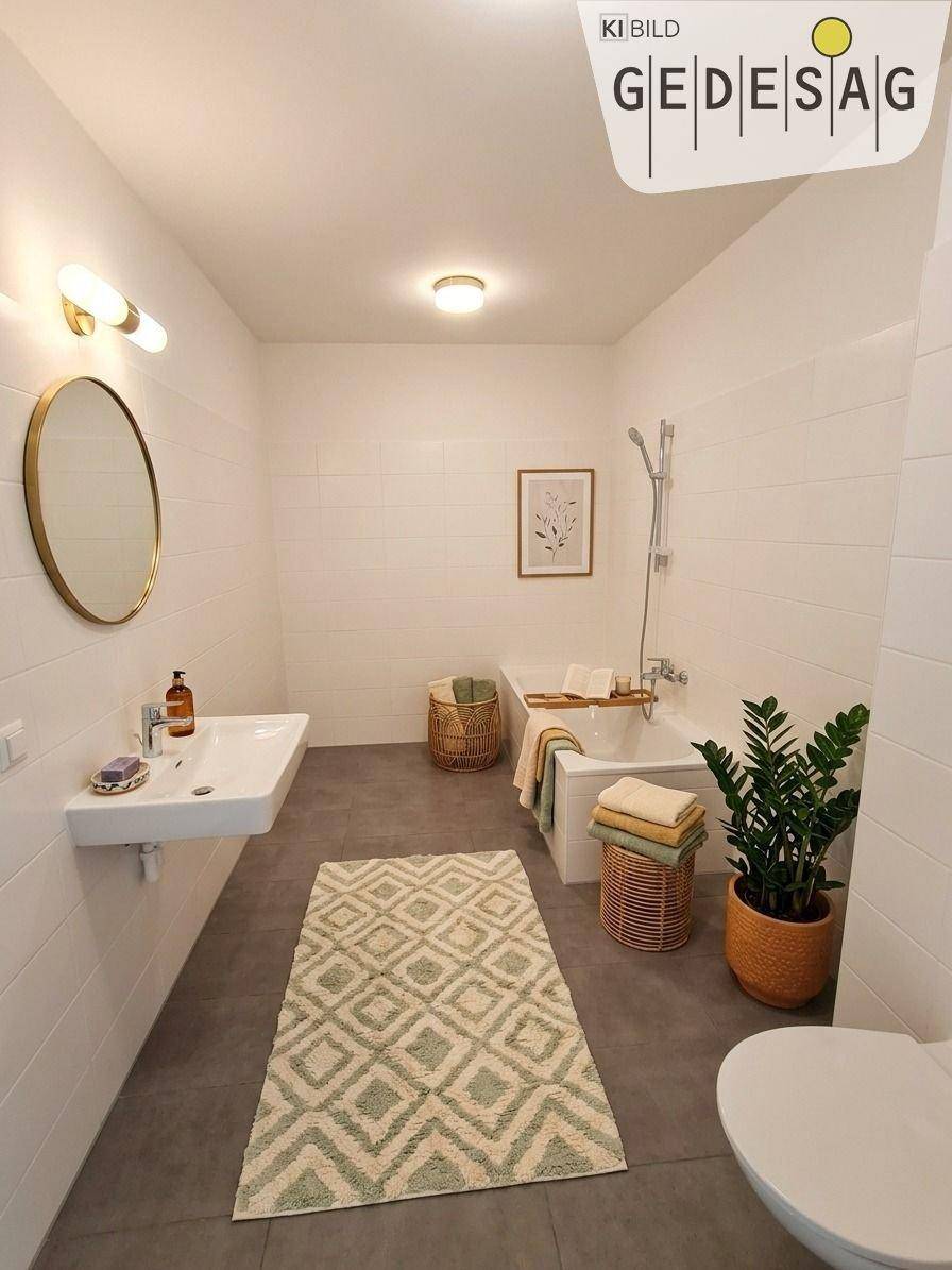 Modernes Badezimmer mit Badewanne, Waschbecken, Toilette und dunklen Fliesen.