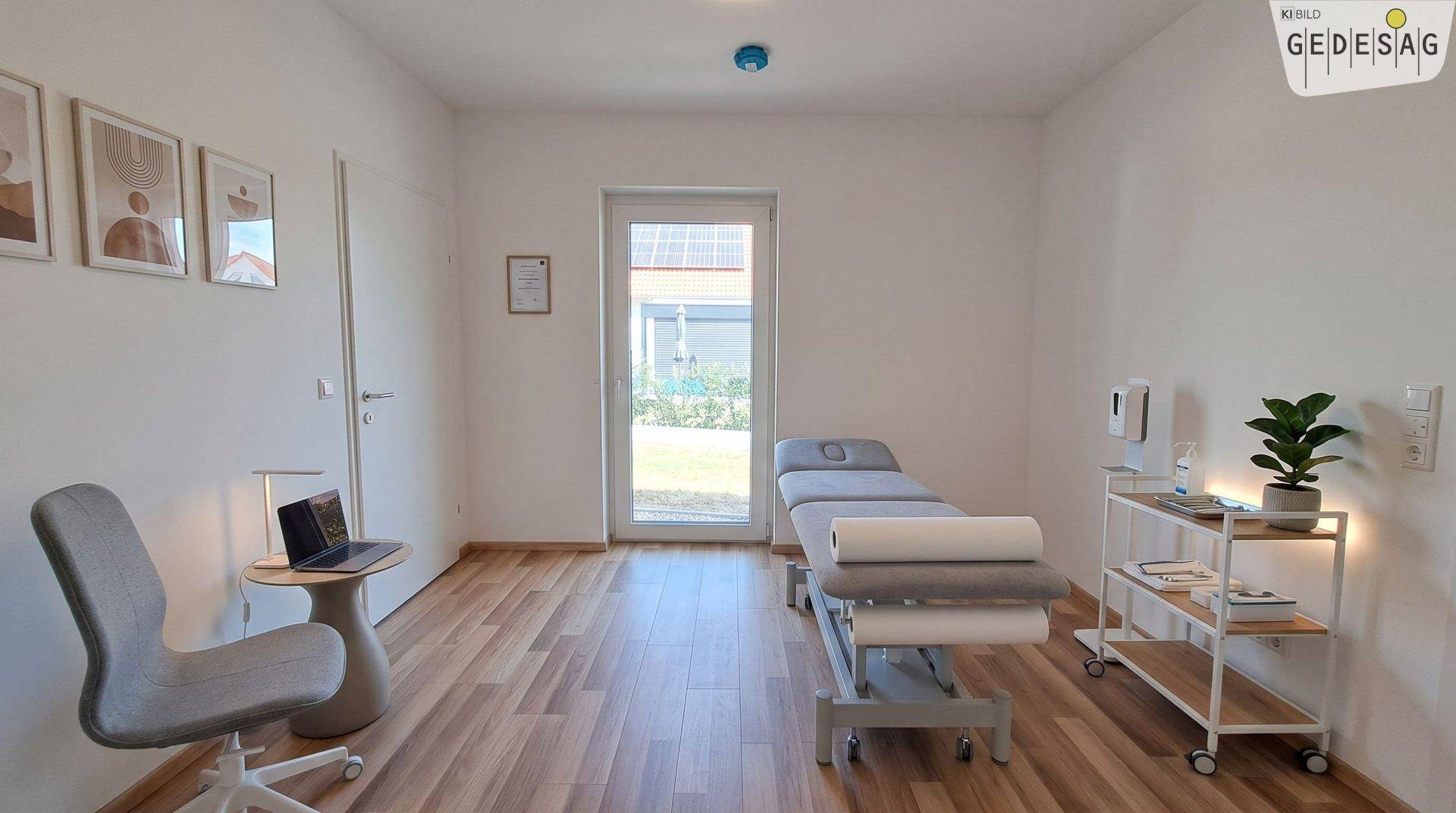 Heller Raum, eingerichtet als Therapiezimmer, mit Laminatboden und Zugang zum Außenbereich.