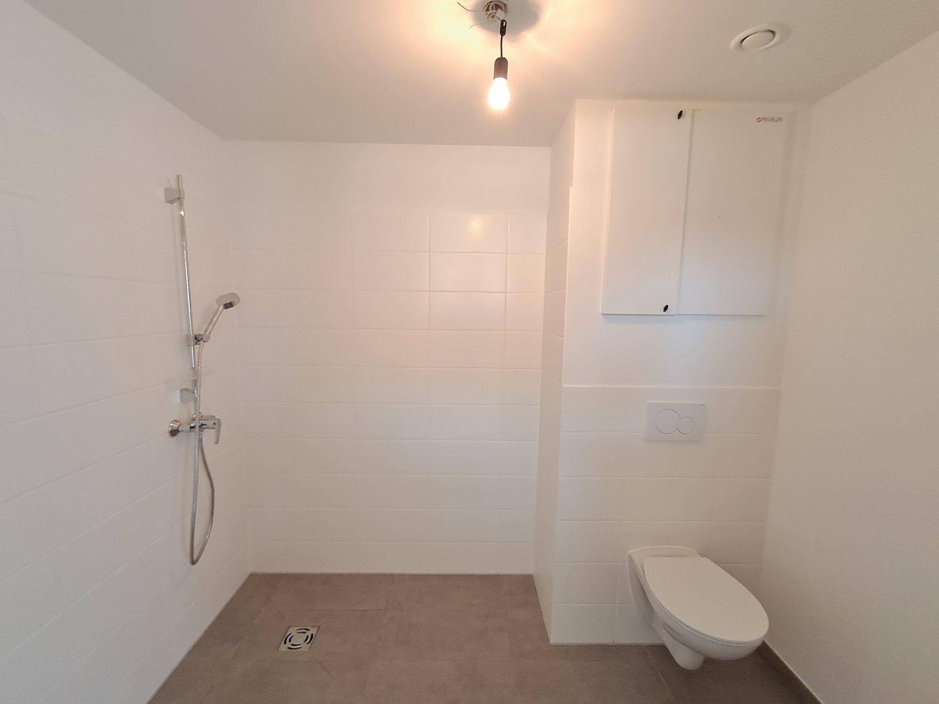 Unfertiges Badezimmer mit ebenerdiger Dusche und wandhängender Toilette, bereit für den Ausbau.