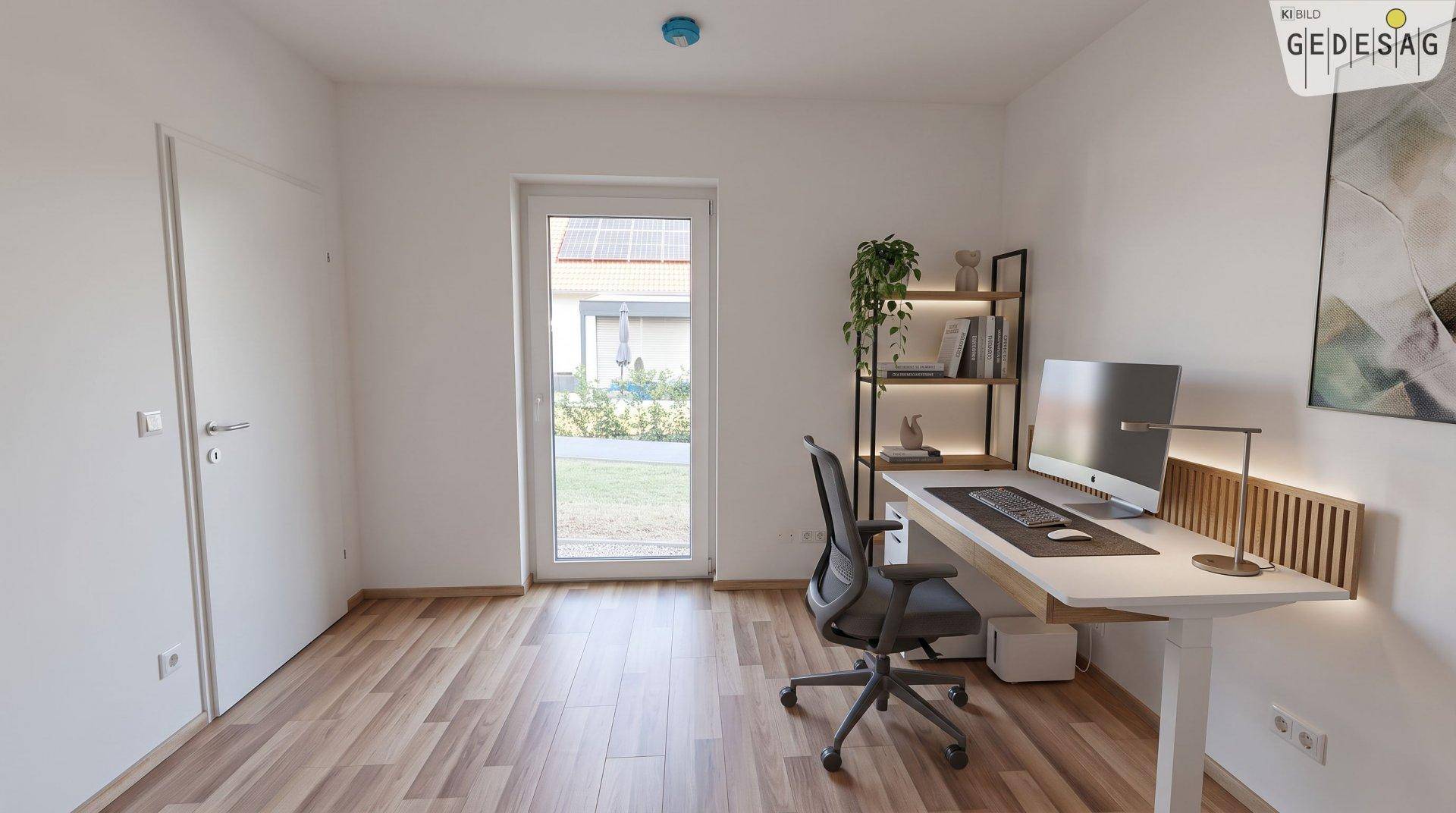 Modern eingerichtetes Büro mit Laminatboden und direktem Zugang zum Garten.