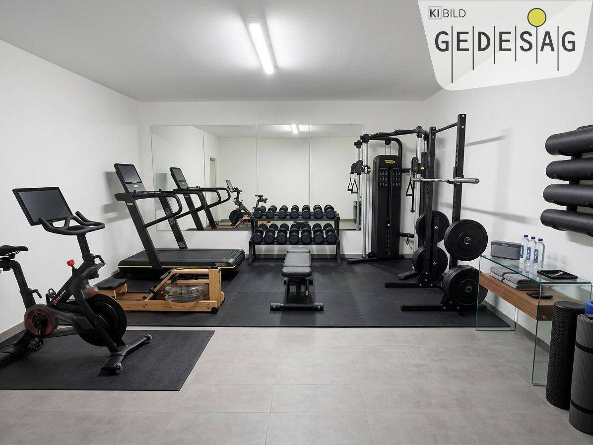 Gut ausgestatteter Fitnessraum mit verschiedenen Trainingsgeräten und großem Spiegel.
