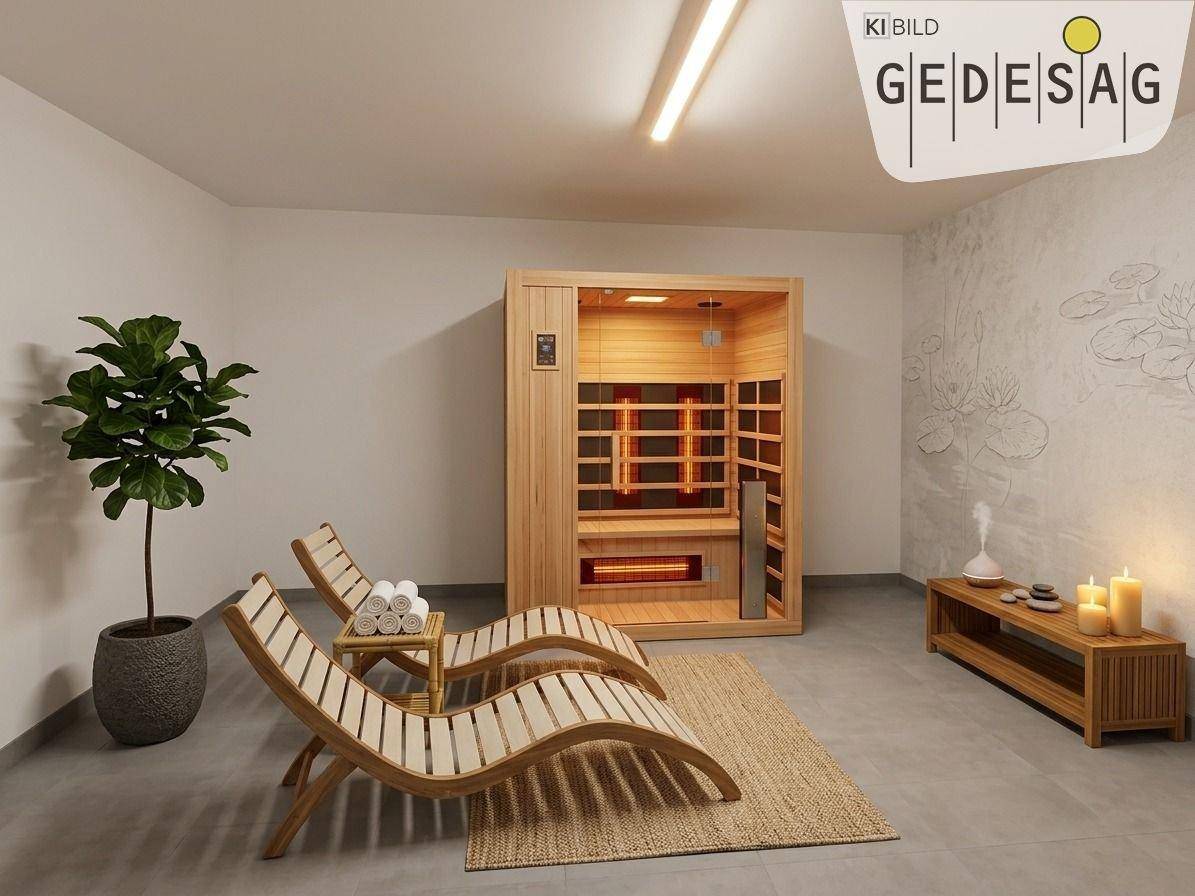 Entspannender Wellnessbereich mit Infrarotsauna und bequemen Holzliegen.