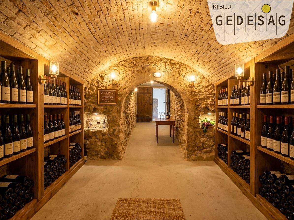Historischer Weinkeller mit Ziegelgewölbe und zahlreichen Weinregalen.