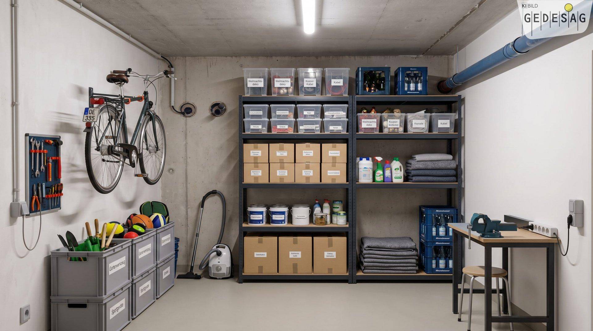Gut organisierter Abstellraum im Keller mit Regalen, Fahrrad und Werkzeugen.