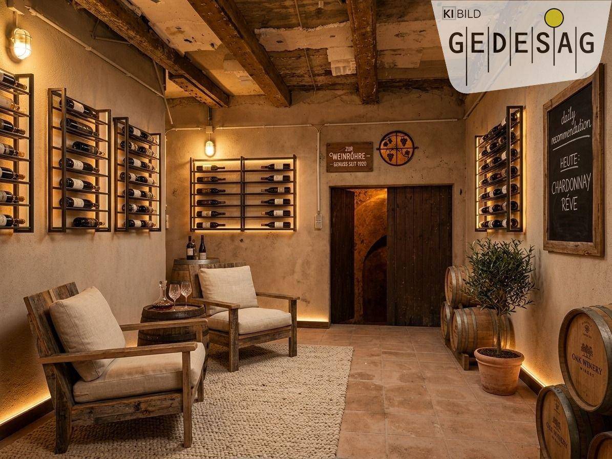 Gemütlicher Weinkeller mit Holzbalken, Metallregalen und einer einladenden Sitzecke.