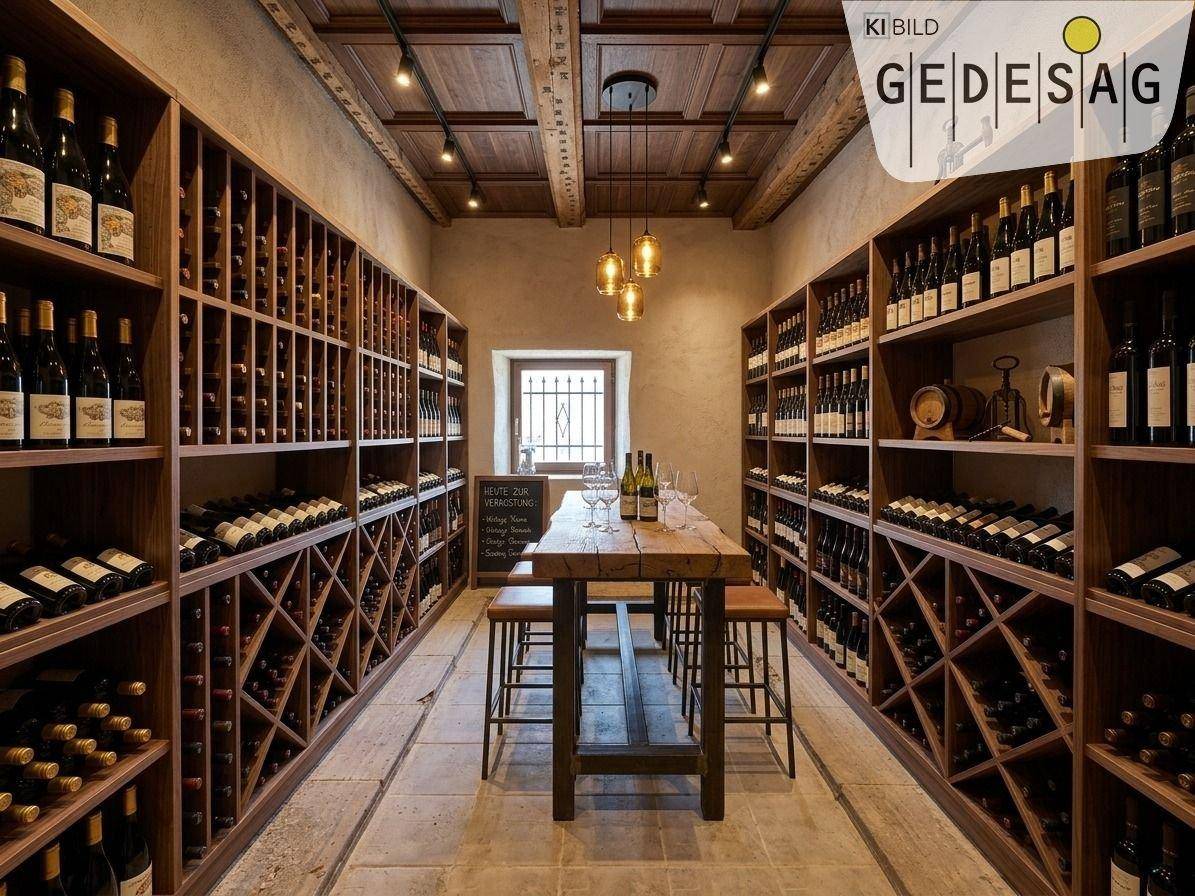 Moderner Weinkeller mit Holzbalkendecke, Weinregalen und einem Verkostungstisch.