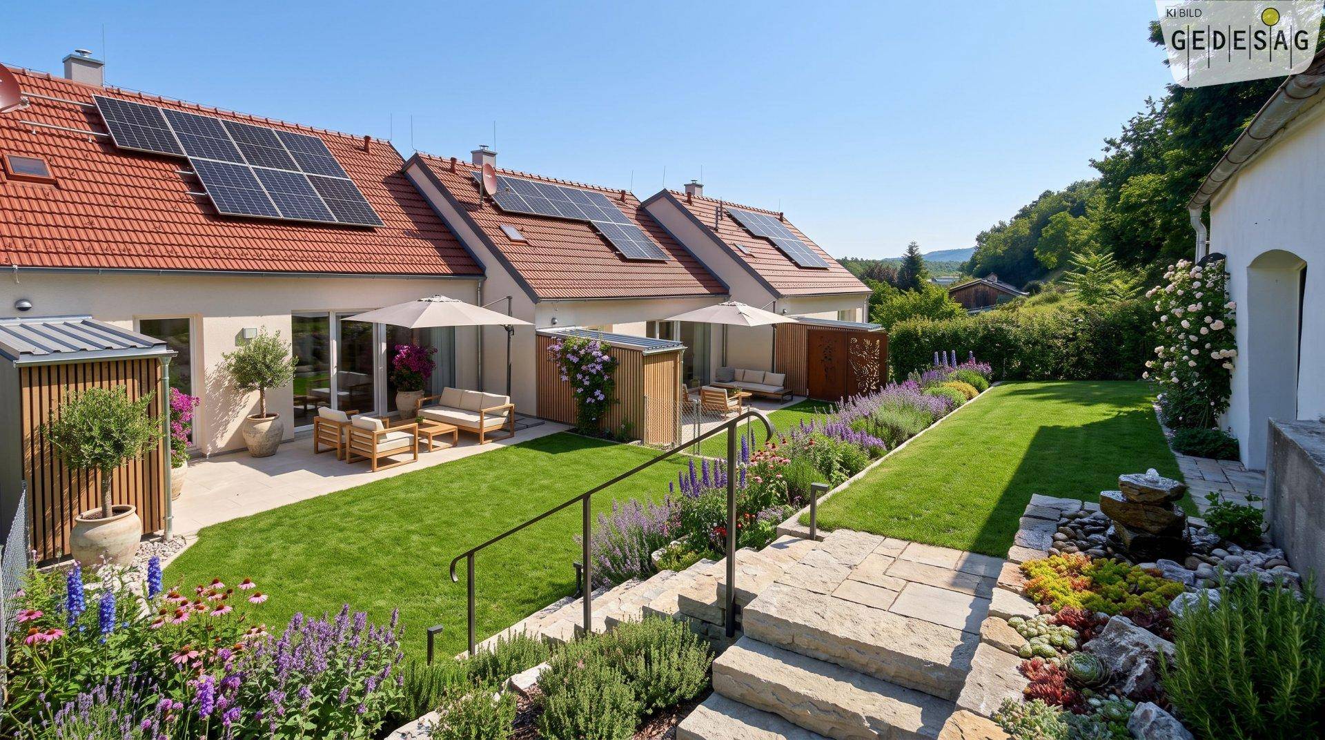 Reihenhäuser mit gepflegten Gärten, Terrassen und Solaranlagen auf den Dächern.