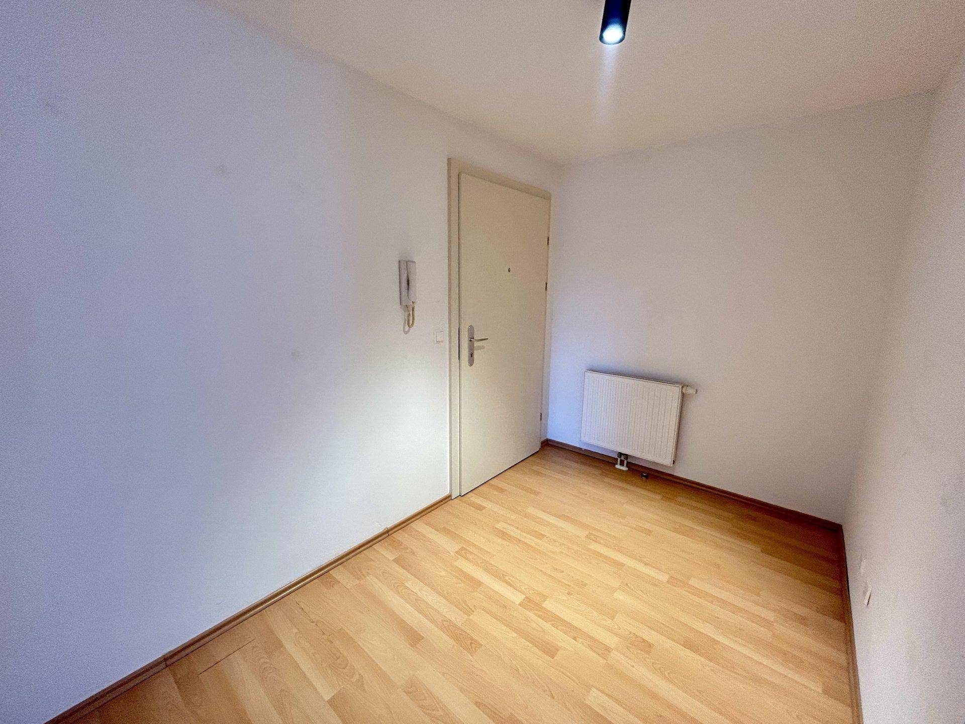 Eingangsbereich mit Laminatboden, weiß gestrichenen Wänden und Gegensprechanlage.
