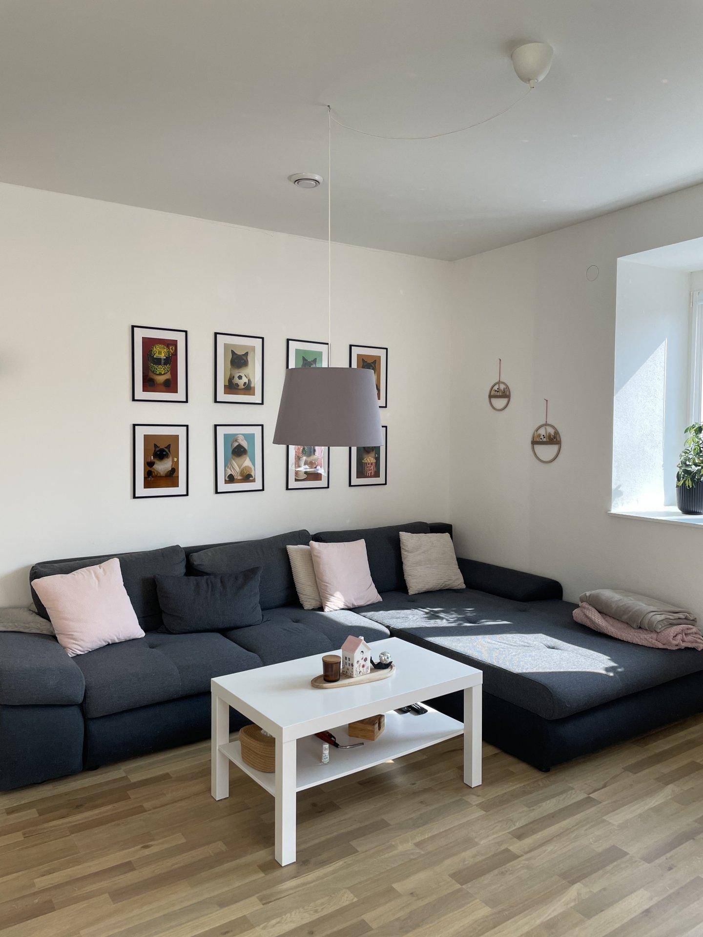 Gemütliches Wohnzimmer mit großem Ecksofa, Couchtisch und hellem Laminatboden.