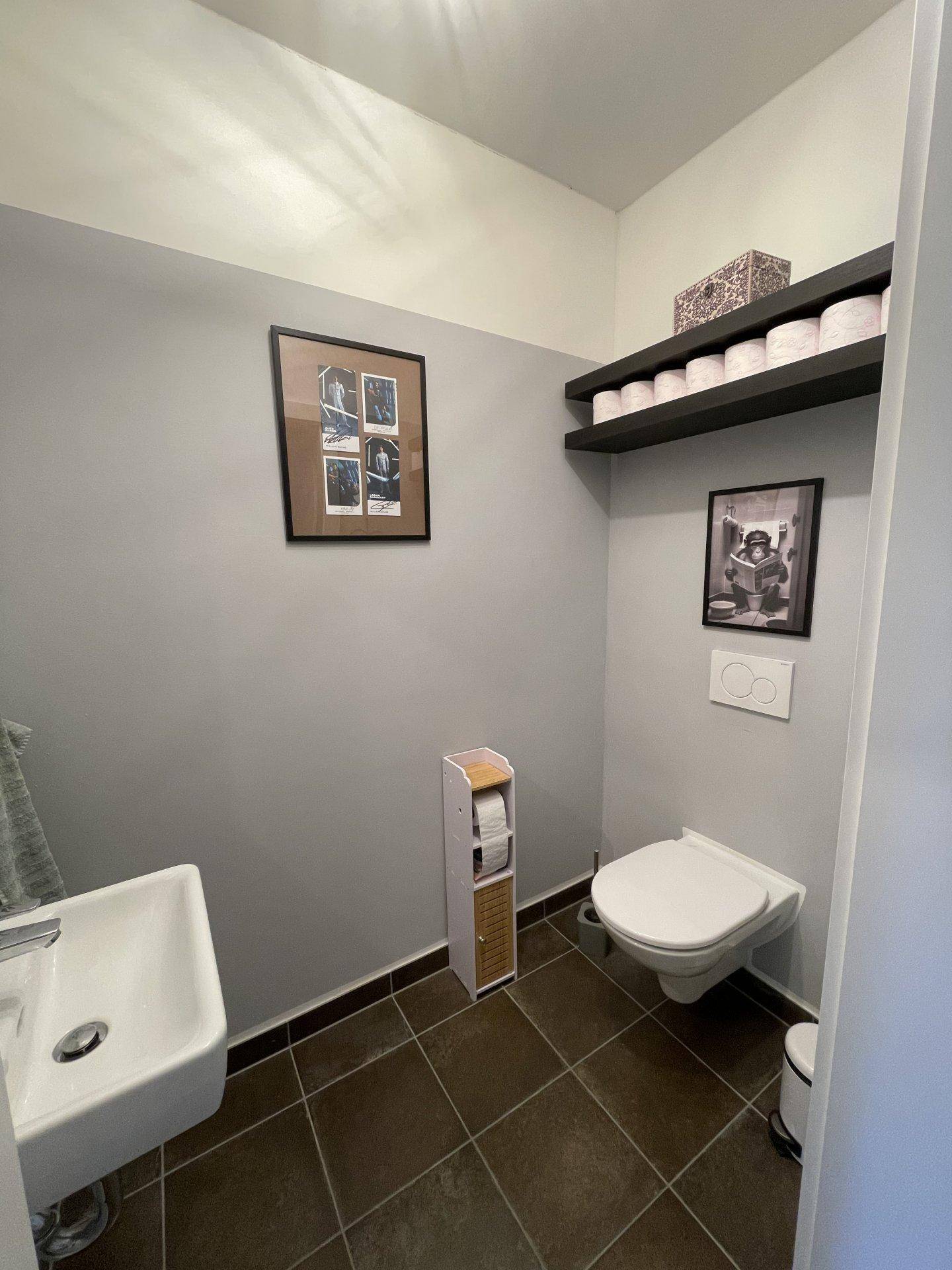 Kleines Gäste-WC mit Wand-WC, Waschbecken und dunklen Bodenfliesen.