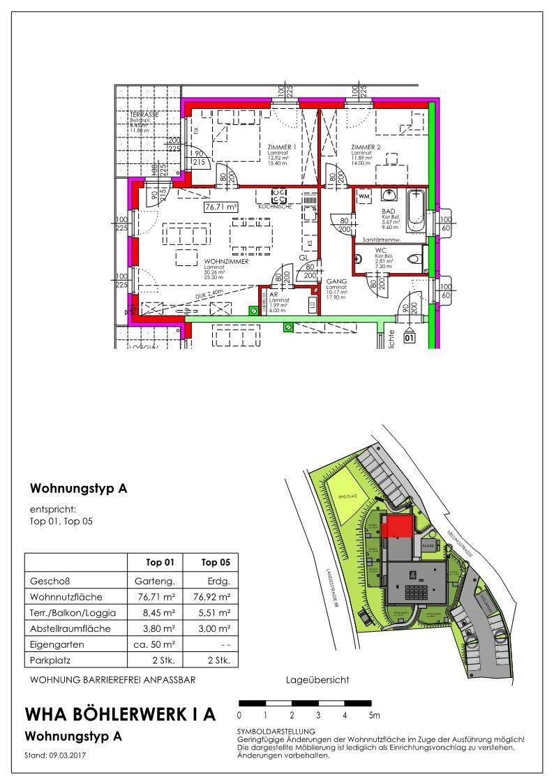 Grundriss der Wohnung Typ A mit drei Zimmern, Balkon und offenem Wohnbereich.