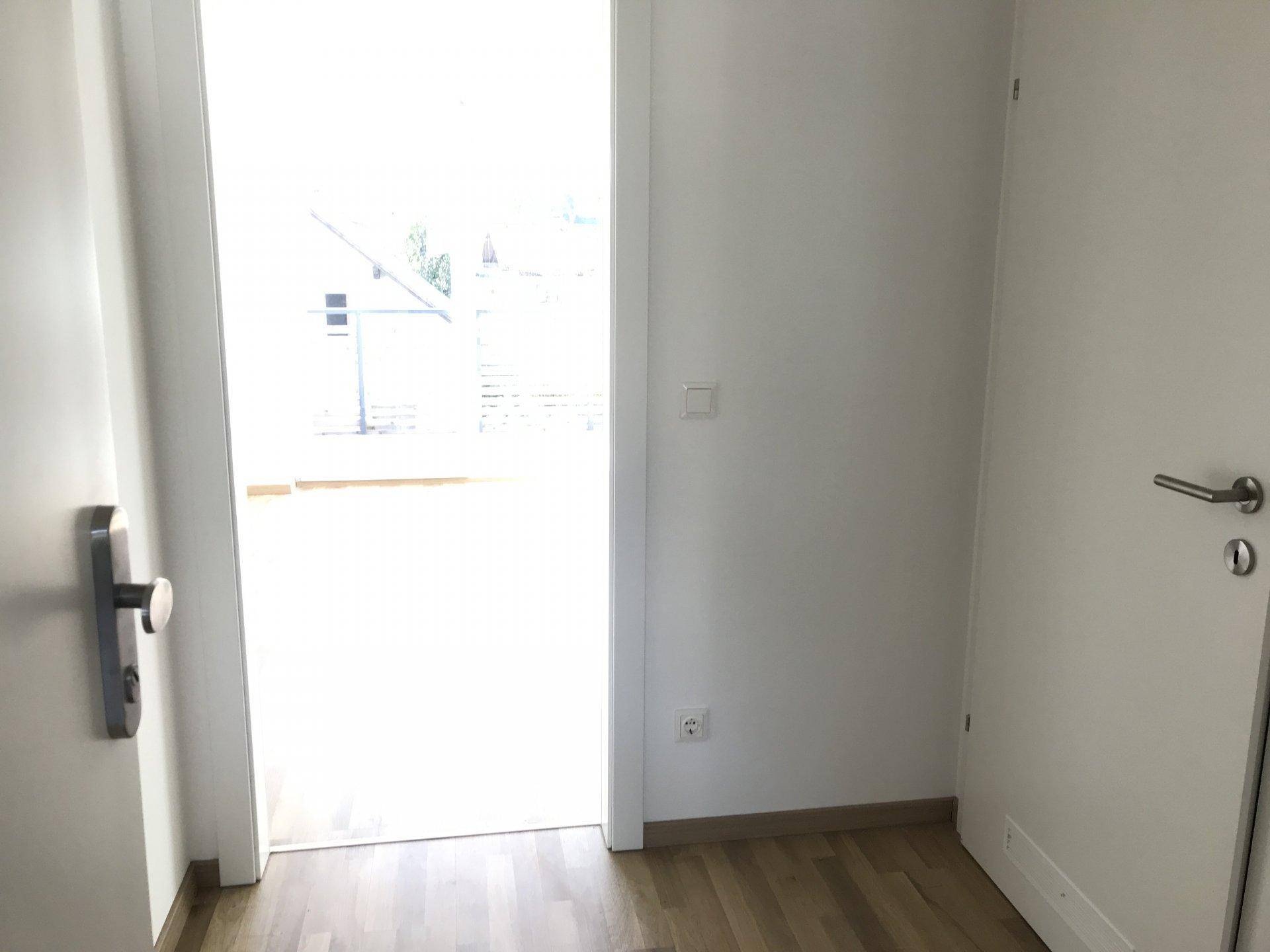 Heller Flurbereich mit Holzfußboden und Zugang zu einem Außenbereich, mit weiß gestrichenen Wänden.