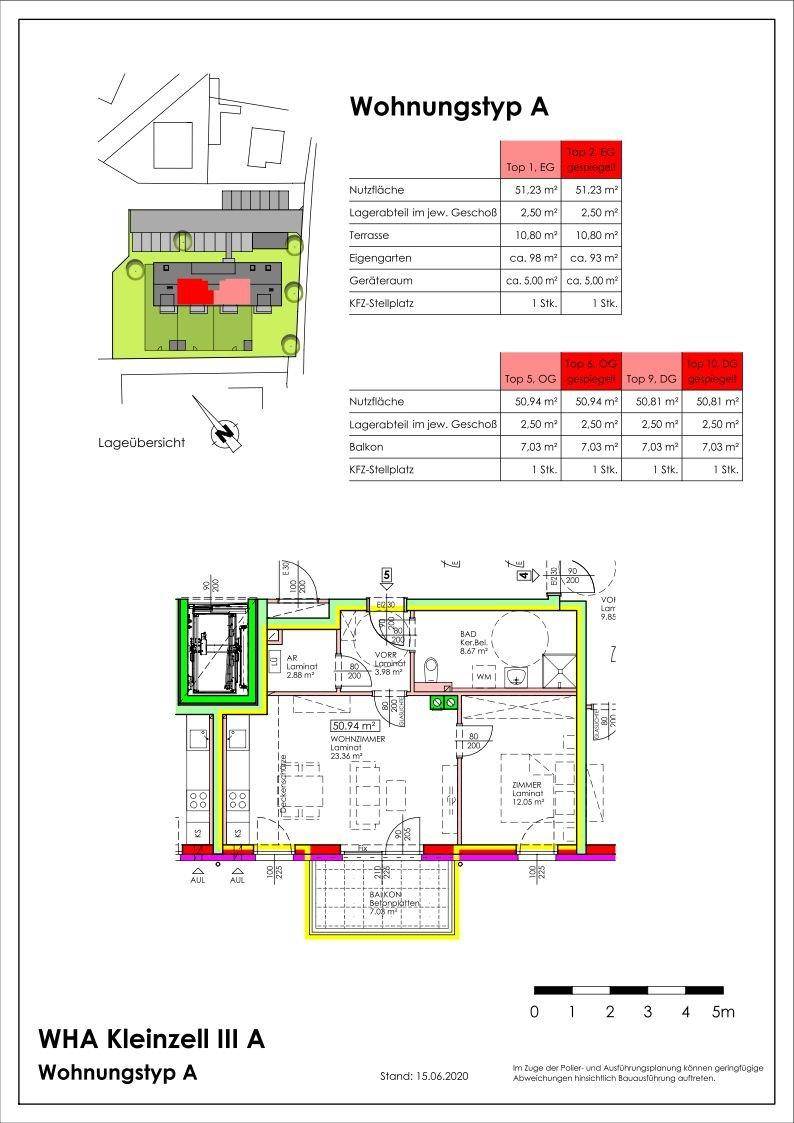 Detaillierter Grundriss für Wohnungstyp A mit Raumaufteilung und Balkon.