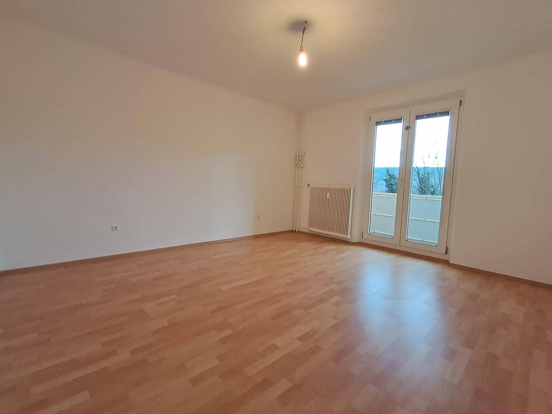 Helles, leeres Zimmer mit Laminatboden und Zugang zu einem französischen Balkon.