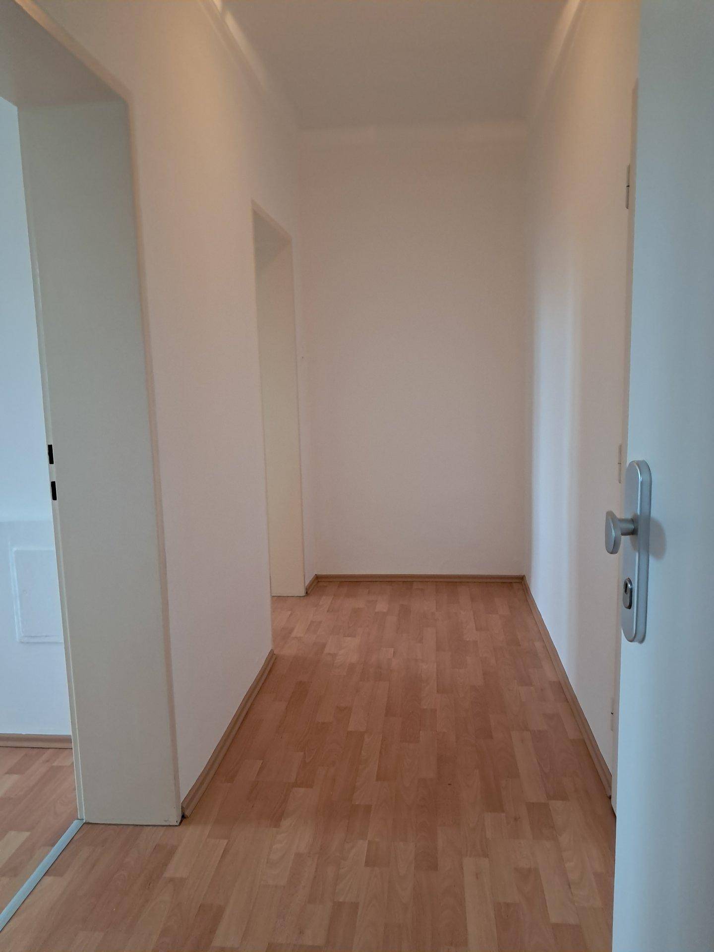 Heller Flur mit Laminatboden, weißen Wänden und Türen zu weiteren Räumen.