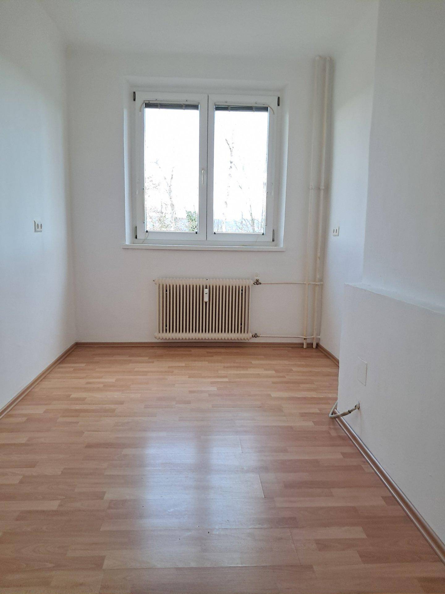 Kleineres, helles Zimmer mit Laminatboden und einem großen Fenster.