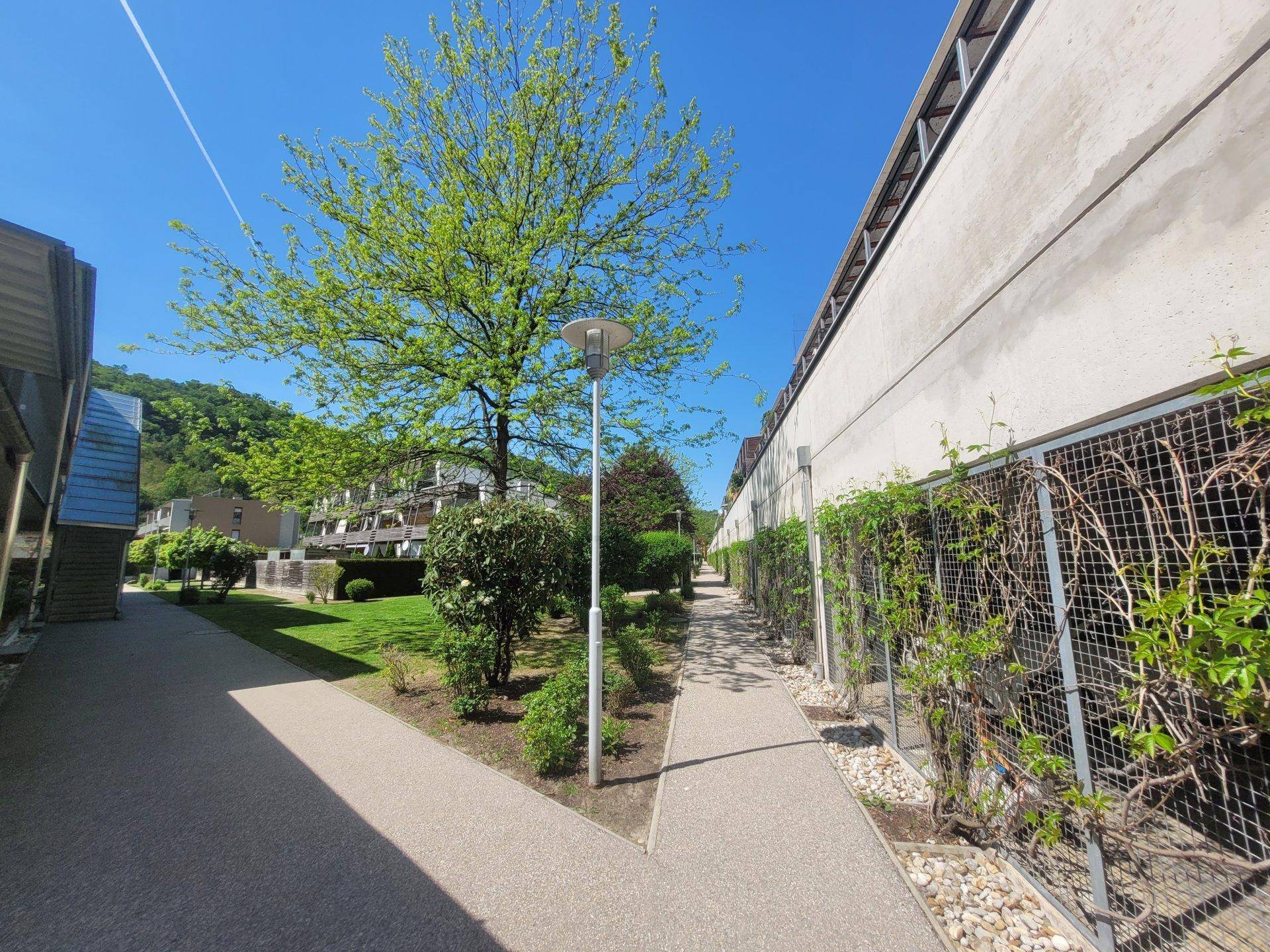 Fußweg entlang eines modernen Gebäudes mit begrünten Rankgittern und Blick auf die Wohnanlage.