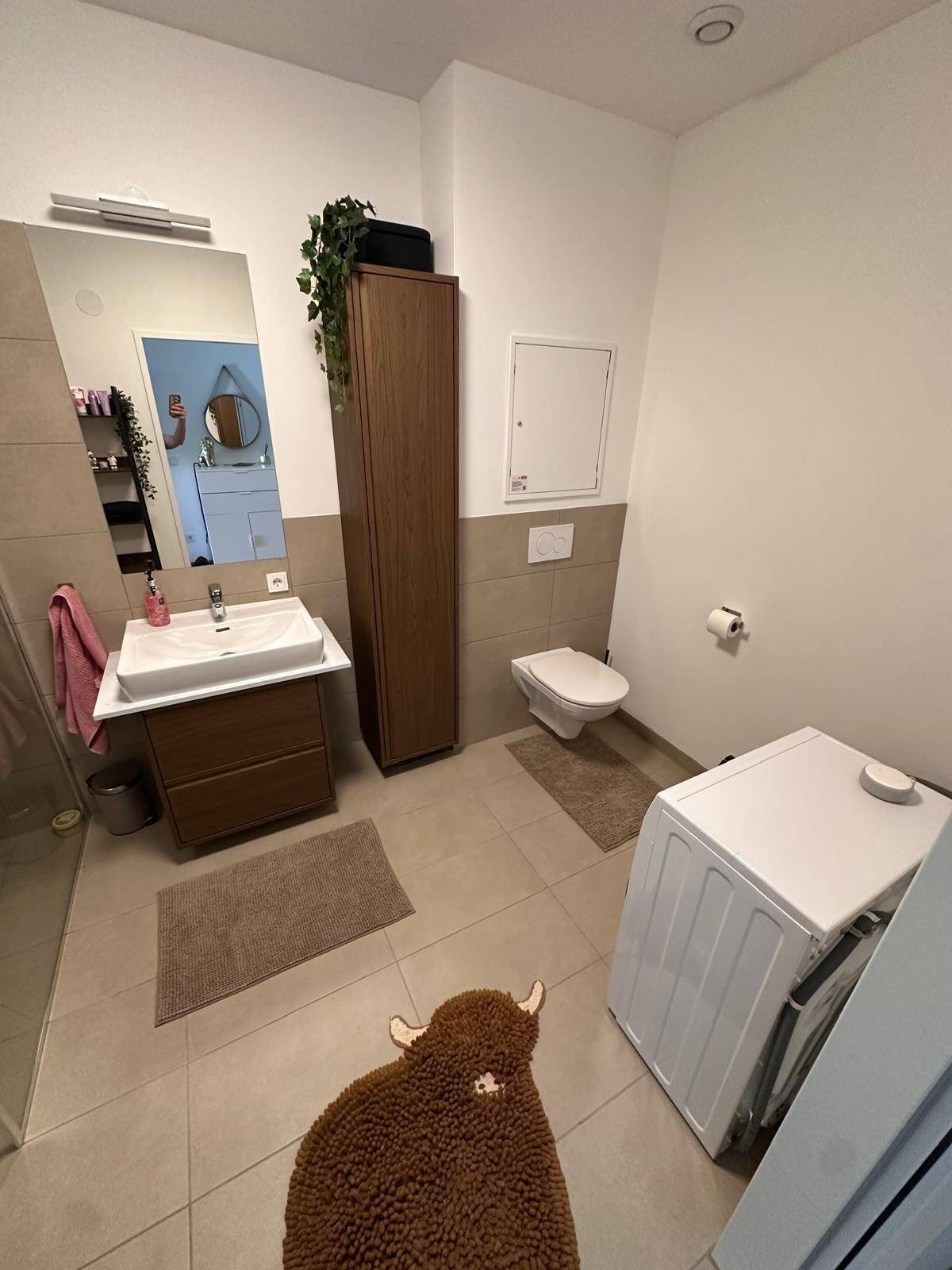 Funktionales Badezimmer mit Waschmaschine, Waschtisch und Wand-WC in modernem Design.