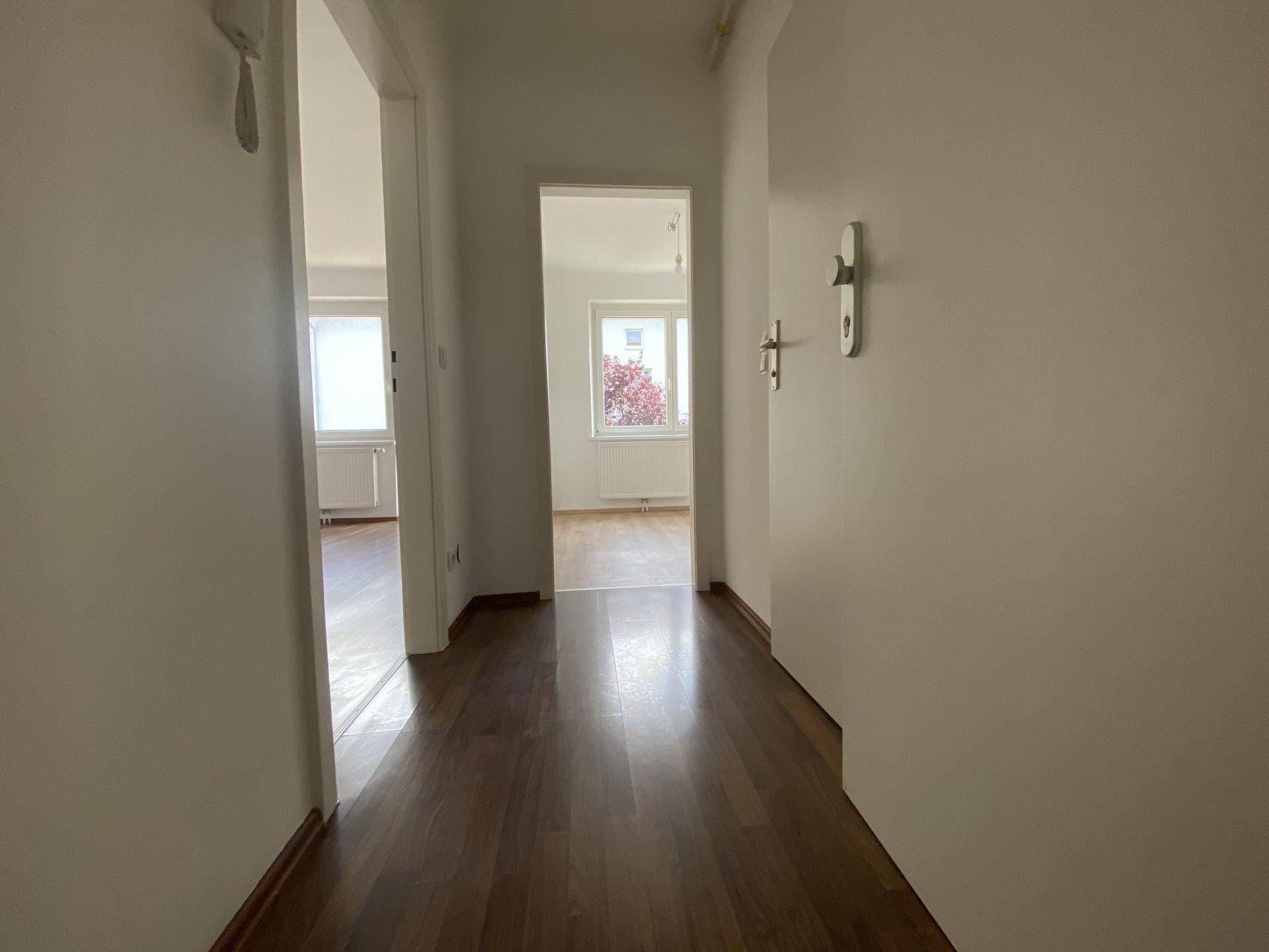 Heller Flur mit dunklem Laminatboden und Zugang zu mehreren Zimmern.