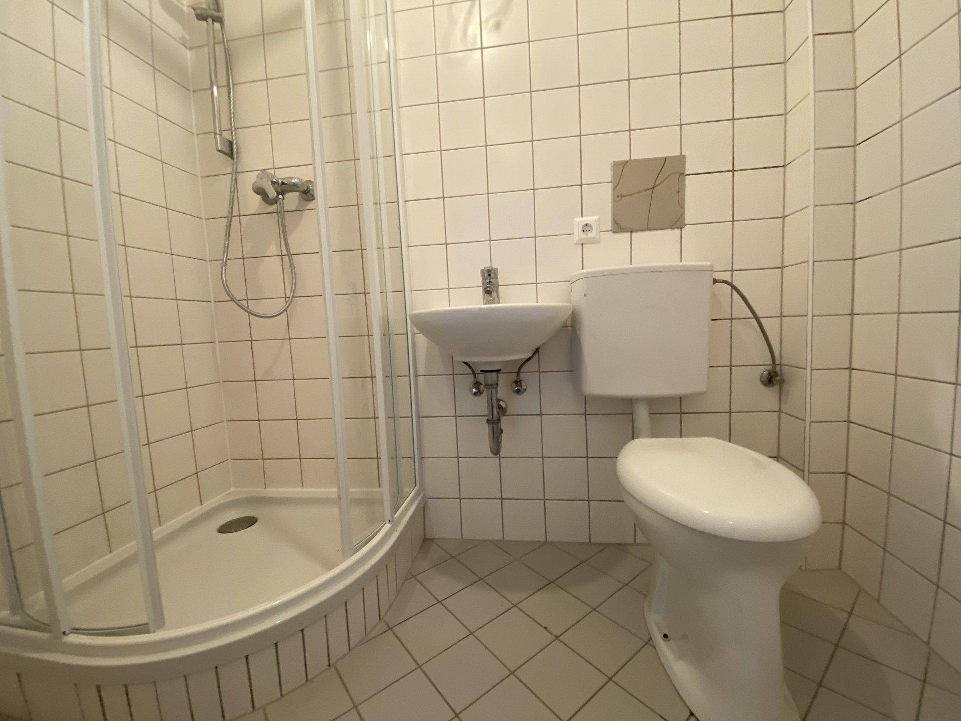 Kleines Badezimmer mit Duschkabine, WC und Waschbecken, komplett weiß gefliest.