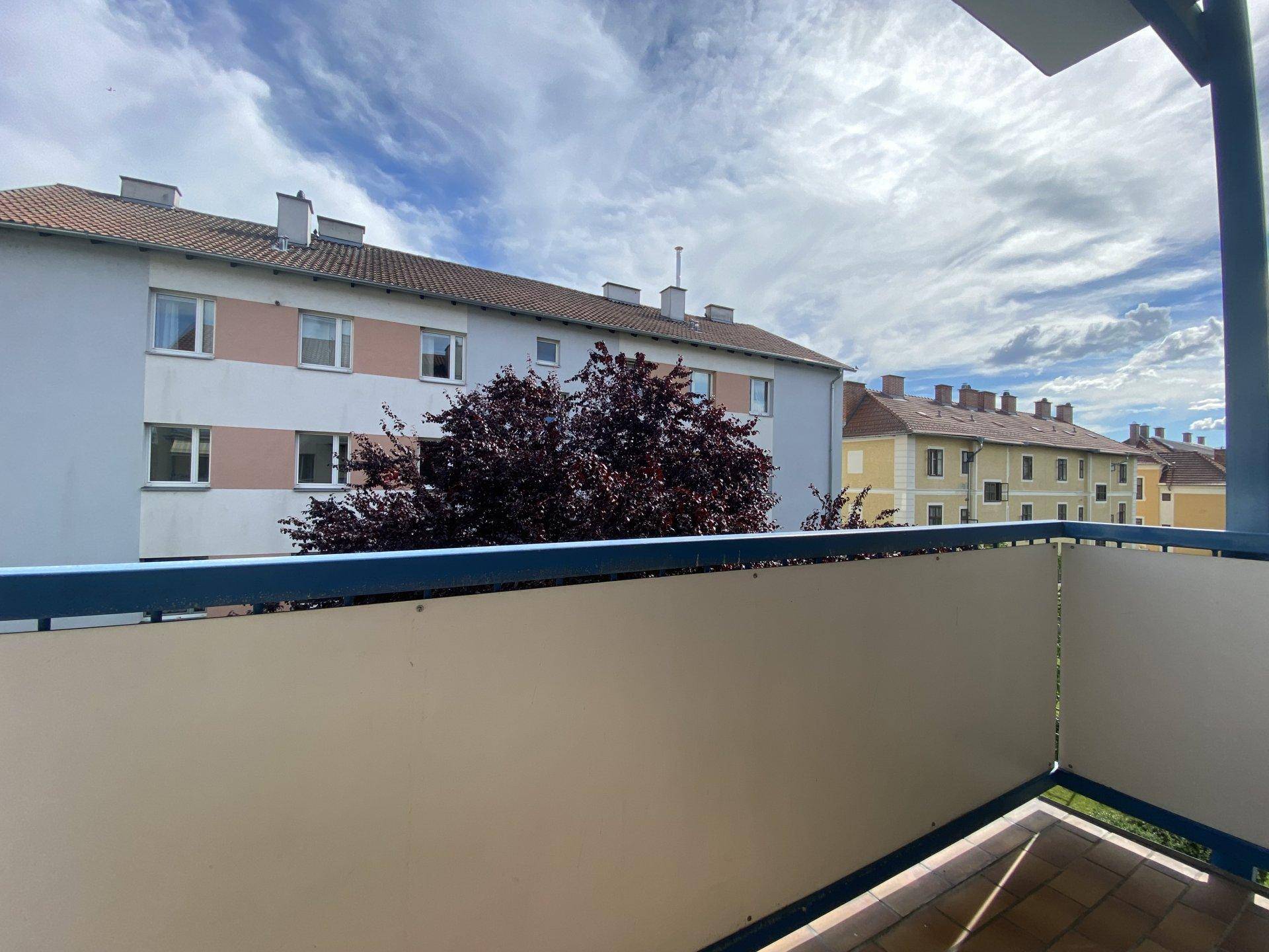 Blick vom Balkon auf umliegende Wohngebäude und grüne Bäume unter bewölktem Himmel.