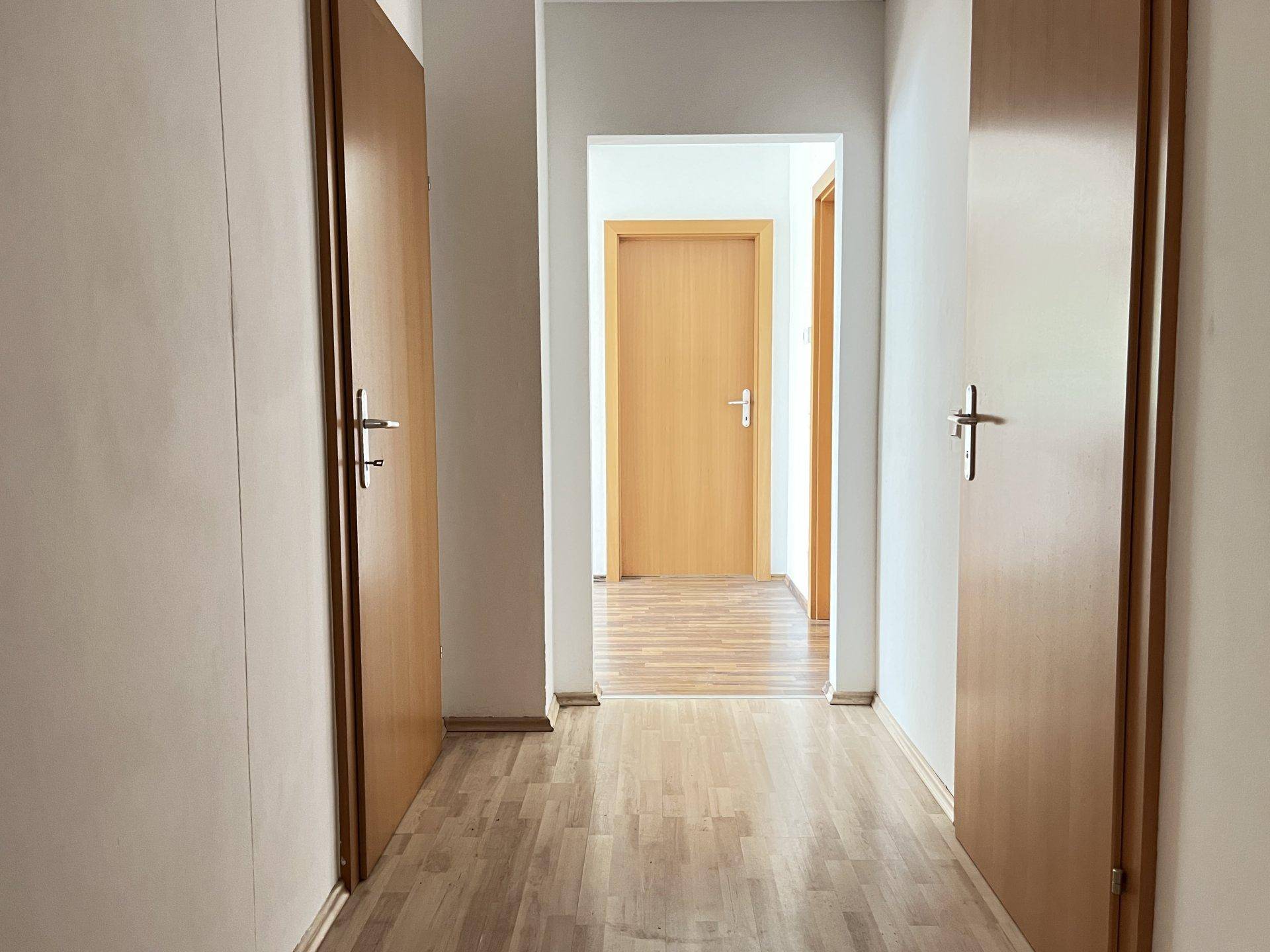 Heller Flur mit Laminatboden und mehreren Holztüren, der zu weiteren Räumen führt.