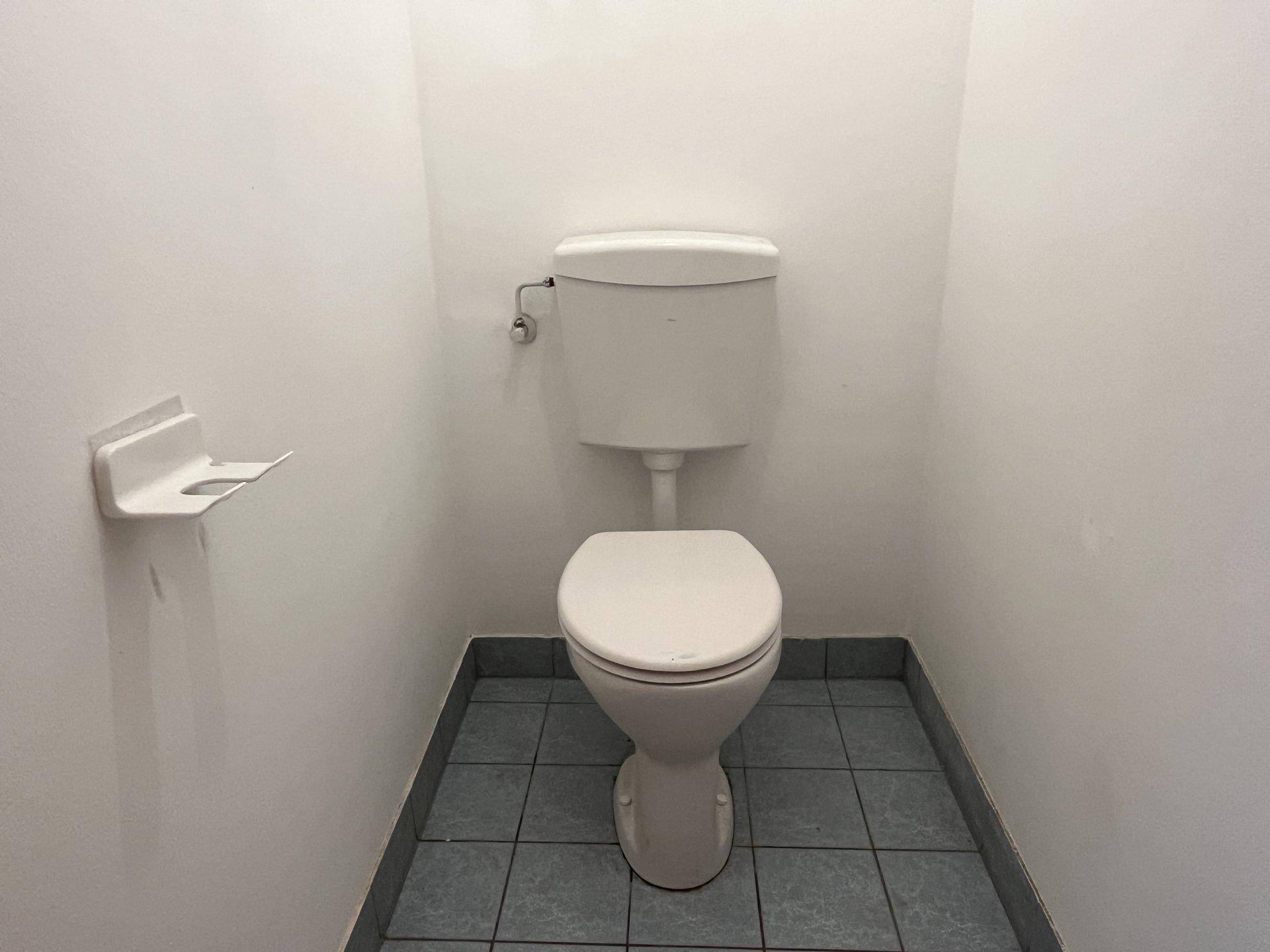Kleines separates WC mit Toilette und blauen Bodenfliesen, einfach und funktional.