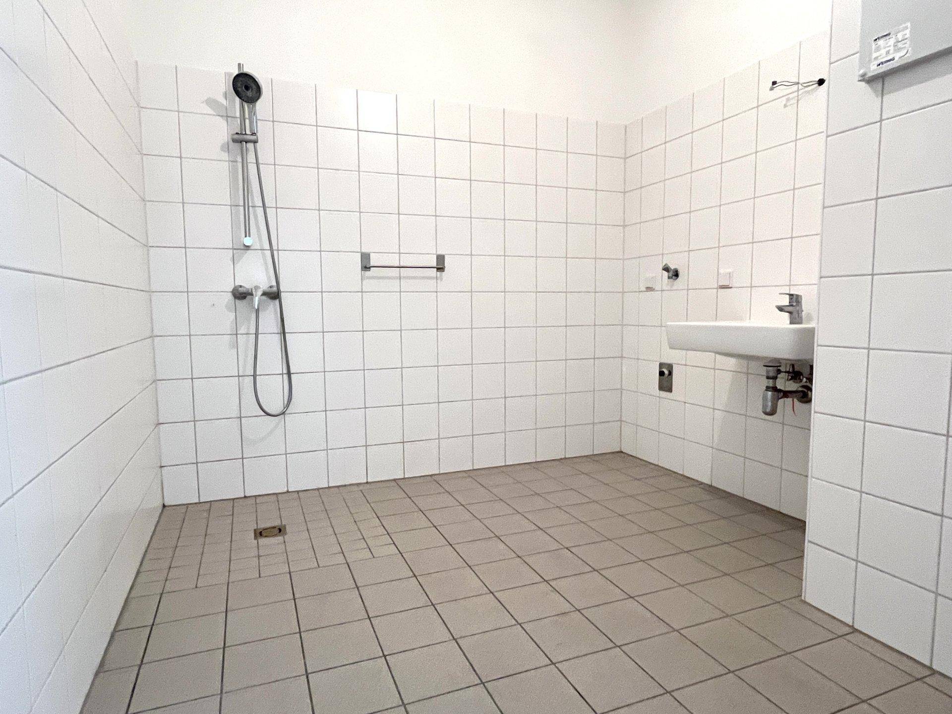 Modern gefliestes Badezimmer mit ebenerdiger Dusche und einem einzelnen Waschbecken.