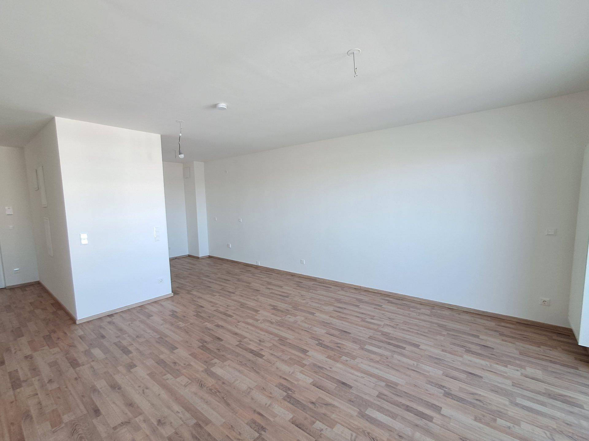 Geräumiger, unmöblierter Raum mit hellem Laminatboden und neutralen Wänden.