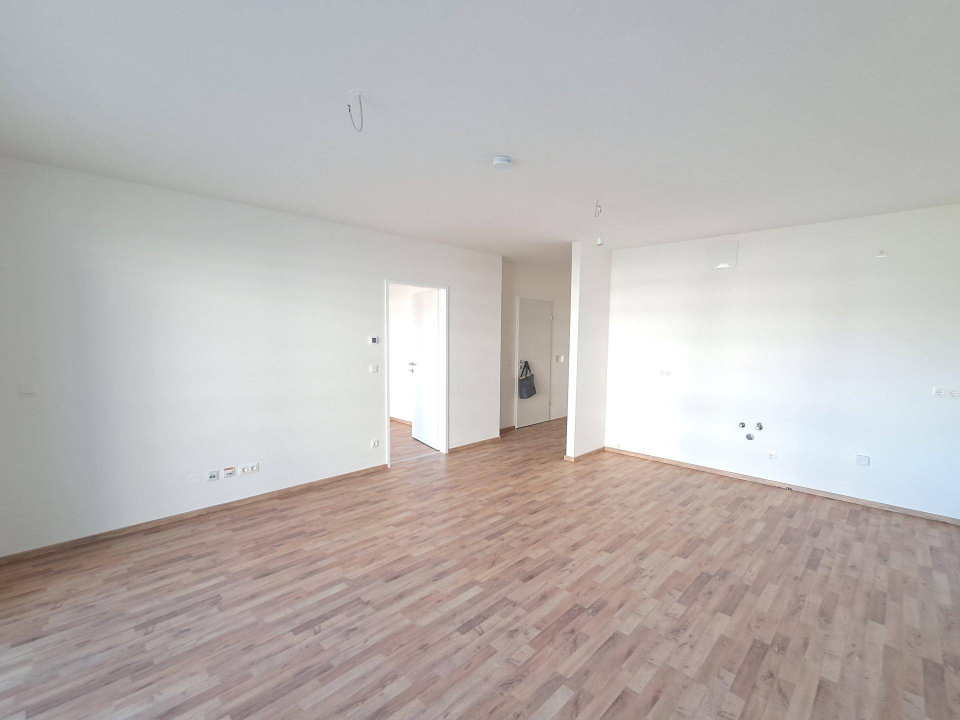 Heller, leerer Wohnraum mit Laminatboden und weißen Wänden, bereit zur Einrichtung.