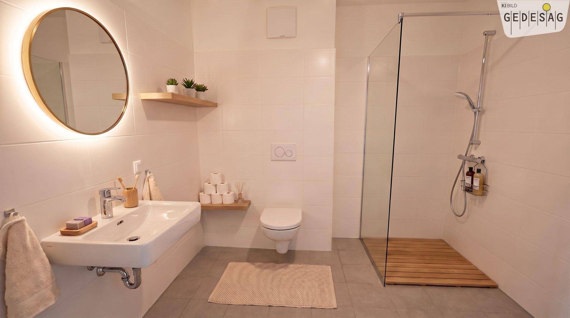 Modernes Badezimmer mit begehbarer Dusche, Wand-WC und stilvollem Spiegel.
