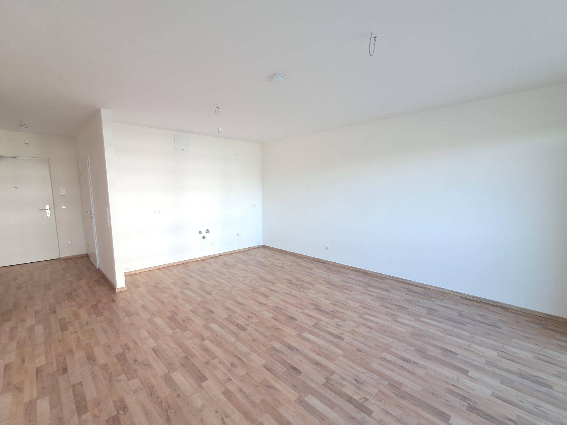 Geräumiger, unmöblierter Wohnbereich mit hellem Laminatboden und neutralen Wänden.