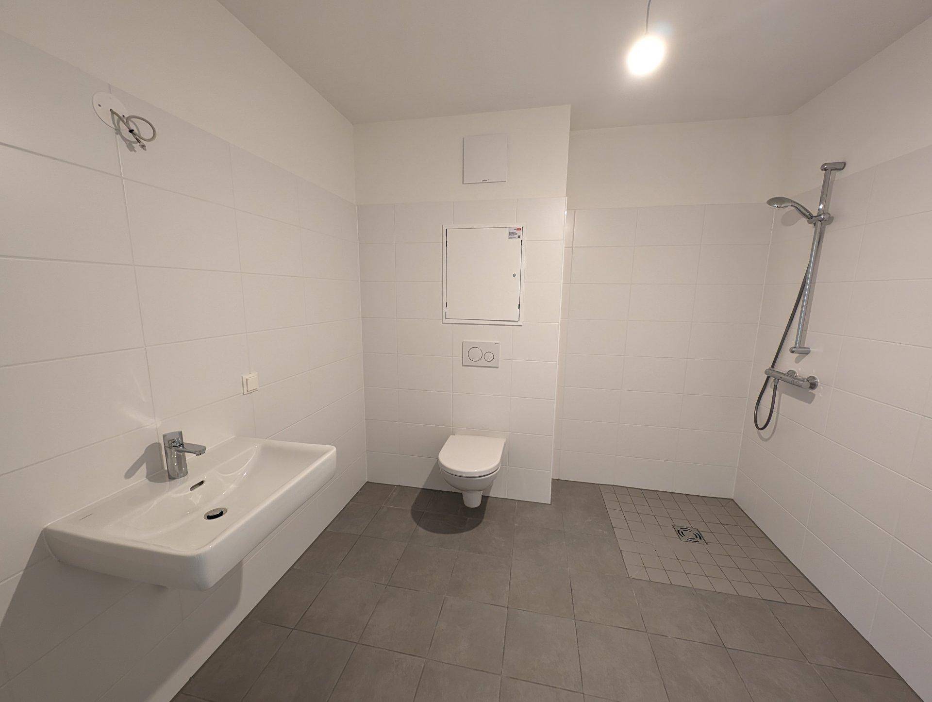 Modernes Badezimmer mit weißen Fliesen, ebenerdiger Dusche und Wand-WC.