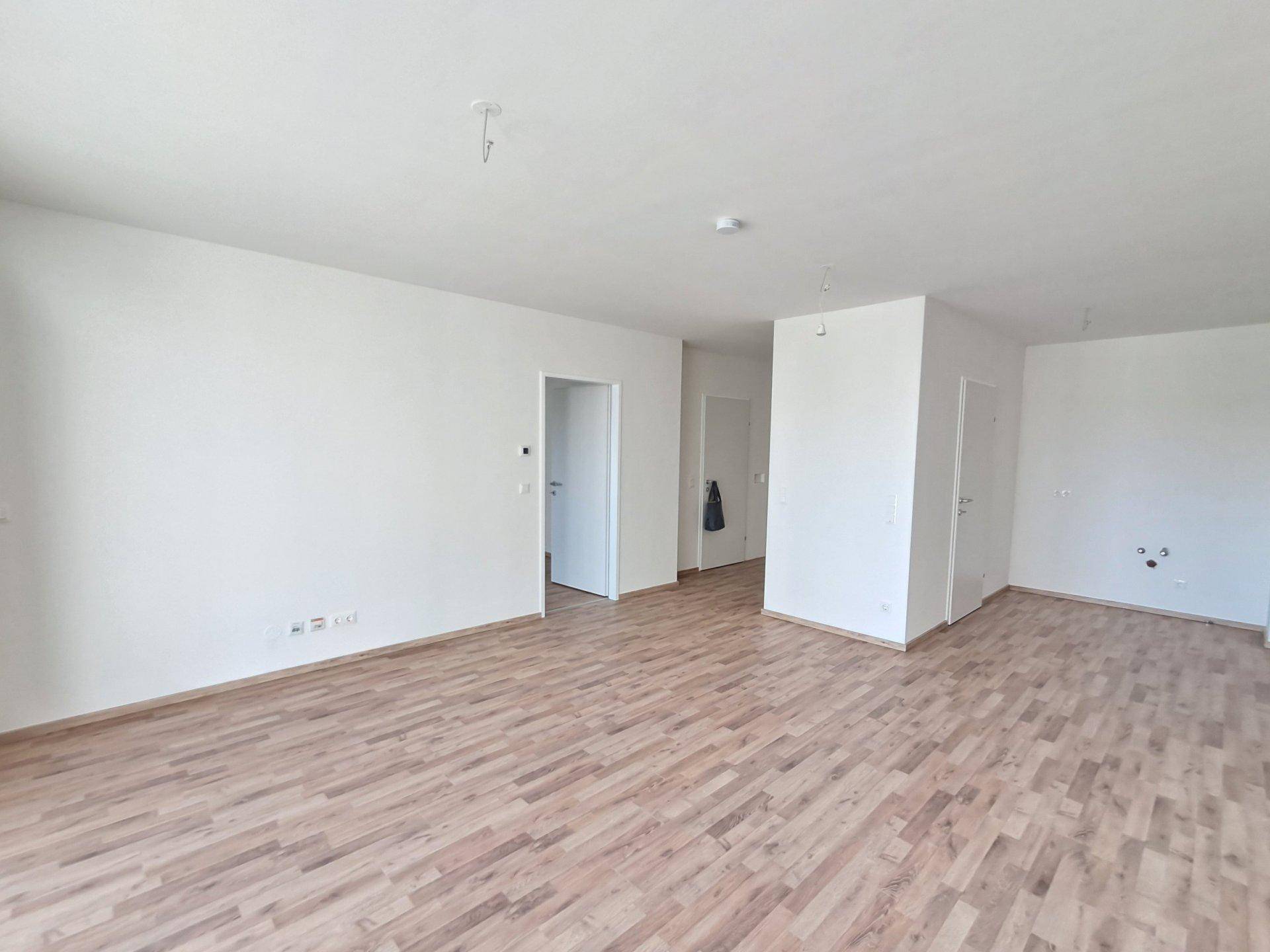 Heller, leerer Raum mit Laminatboden und mehreren Türen, der verschiedene Bereiche der Wohnung verbindet.