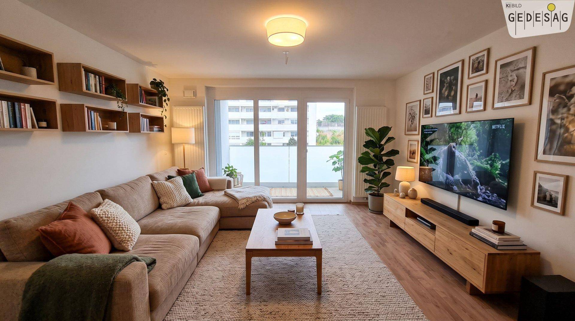 Gemütliches Wohnzimmer mit großem Sofa, Holzelementen und Zugang zum Balkon.