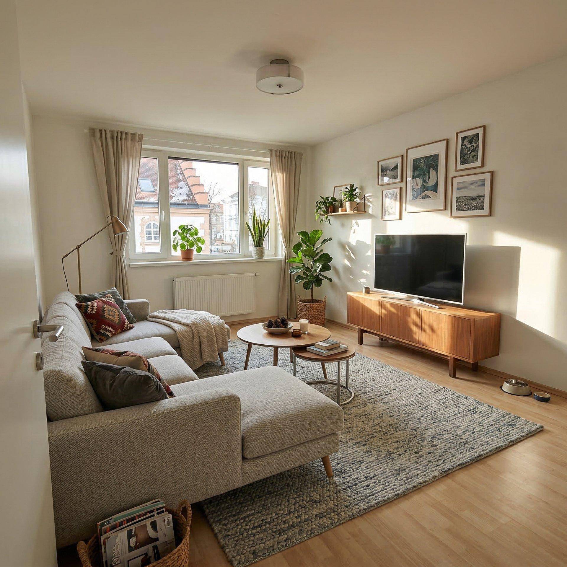 Modern eingerichtetes Wohnzimmer mit beigem Sofa, Holzboden und viel Tageslicht durch das Fenster.