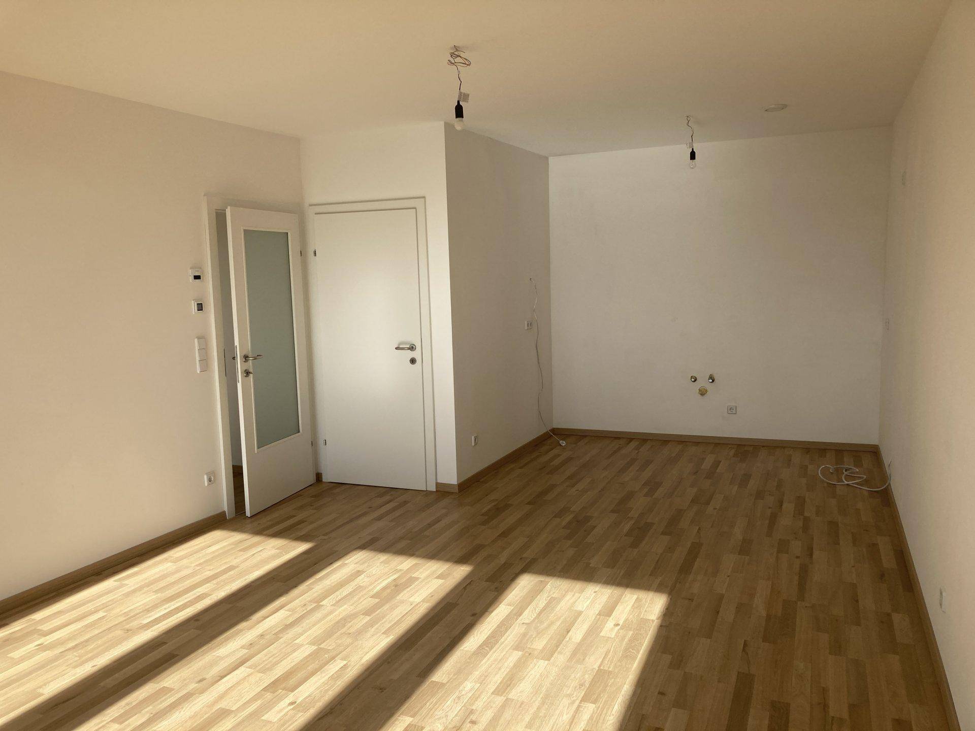 Leerer Raum mit Laminatboden und Tür, vorbereitet für weitere Installationen.