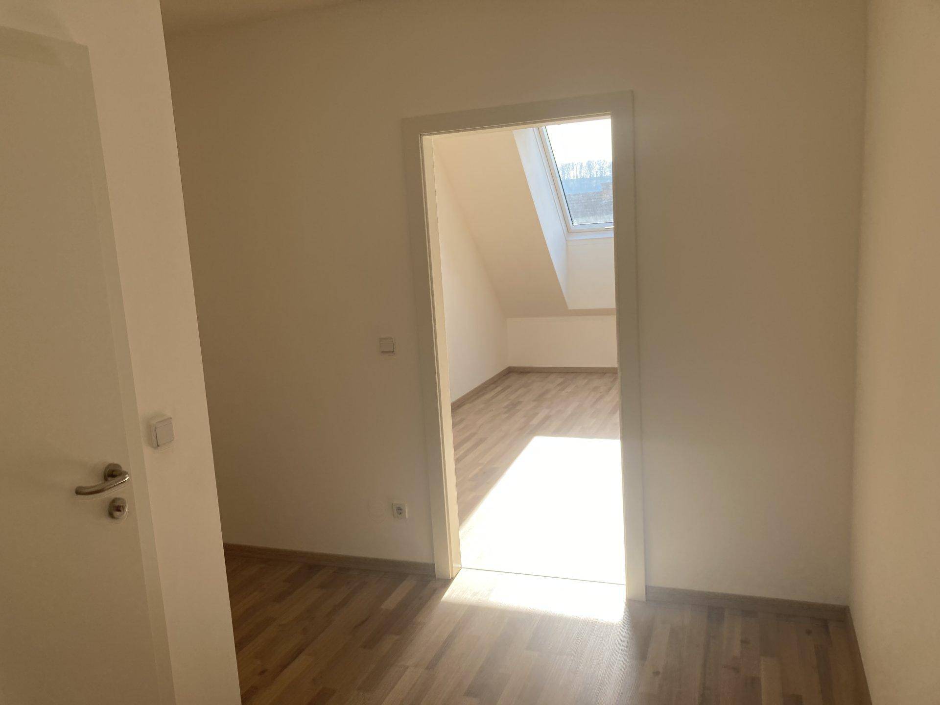 Blick vom Flur in einen hellen Raum mit Laminatboden und Dachfenster.