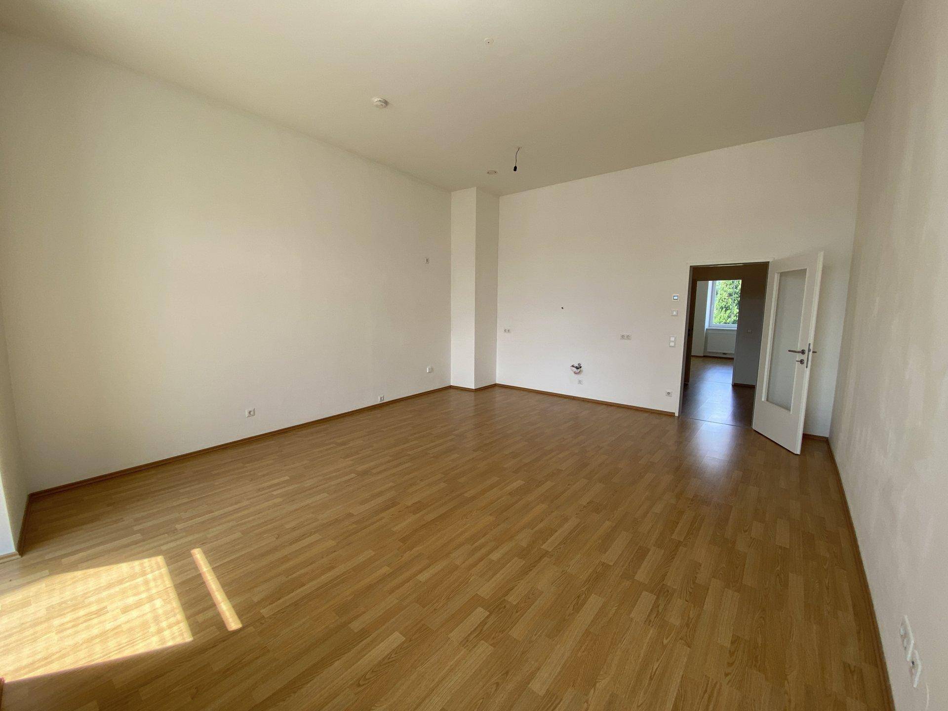 Geräumiges, leeres Zimmer mit Holzboden und einem offenen Durchgang zu einem weiteren Raum.