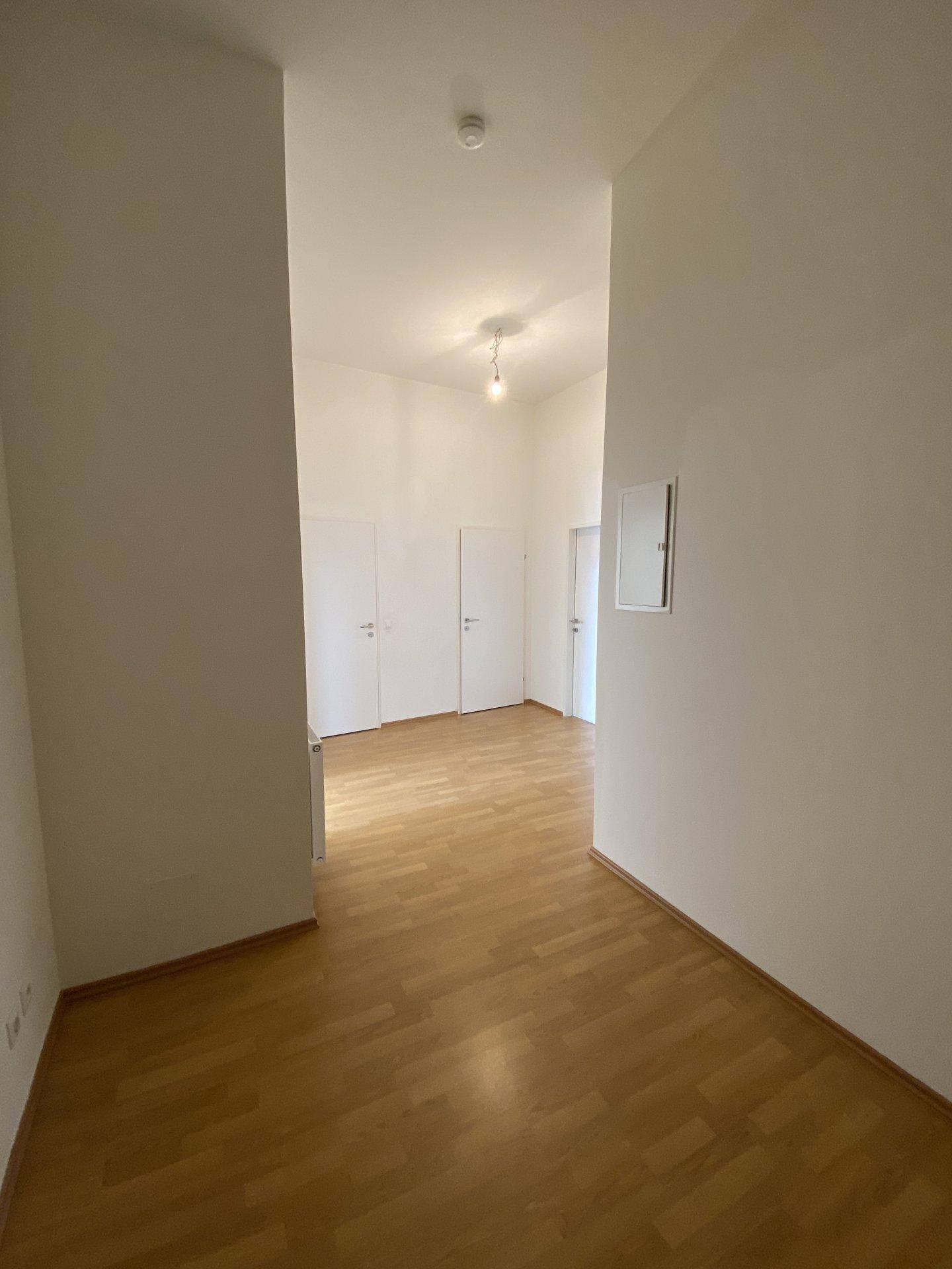 Heller Flur mit Holzboden und mehreren Türen, der verschiedene Räume miteinander verbindet.