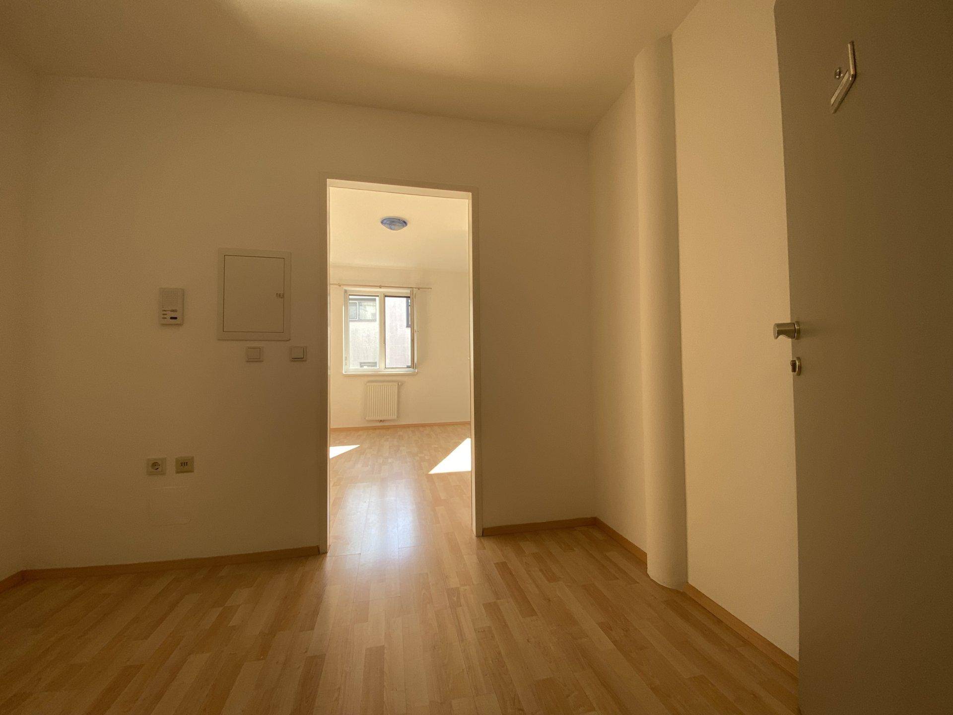 Heller Flur mit Laminatboden und Zugang zu einem weiteren Zimmer mit viel Tageslicht.