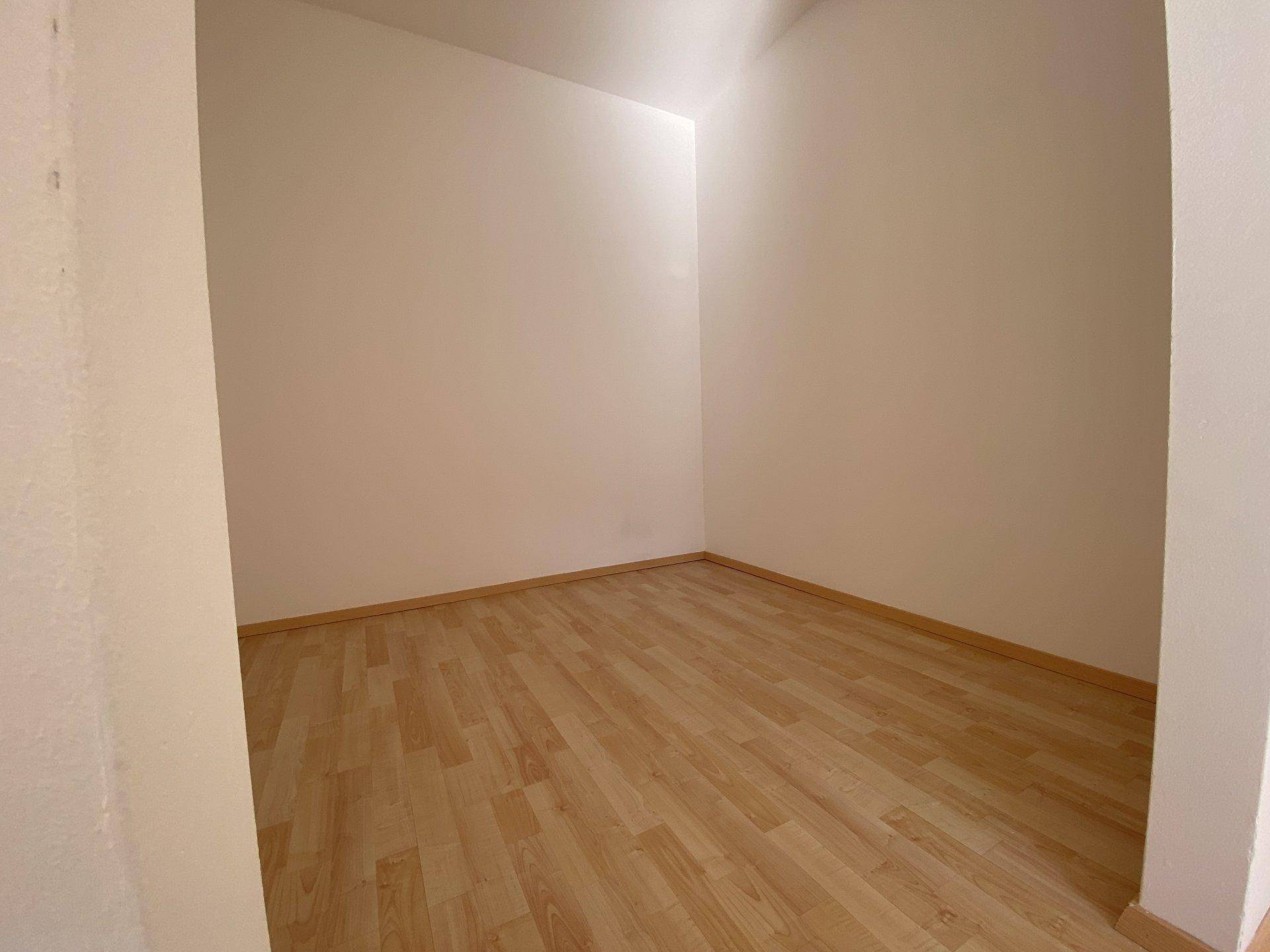 Praktischer Abstellraum oder begehbarer Kleiderschrank mit hellem Laminatboden.